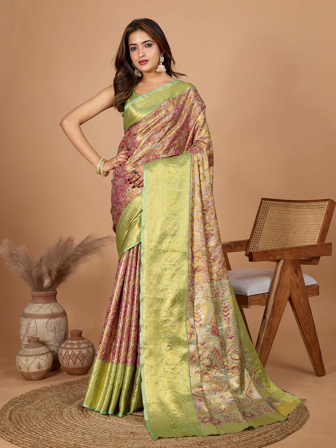 Brown Green Banarasi Saree