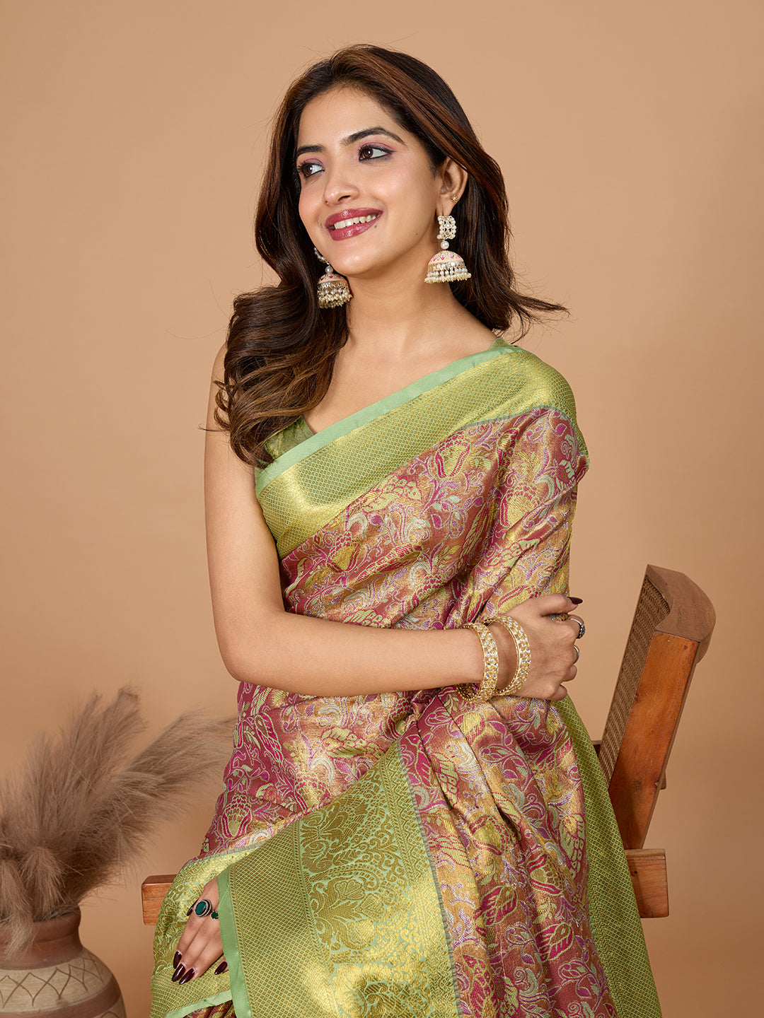 Brown Green Banarasi Saree