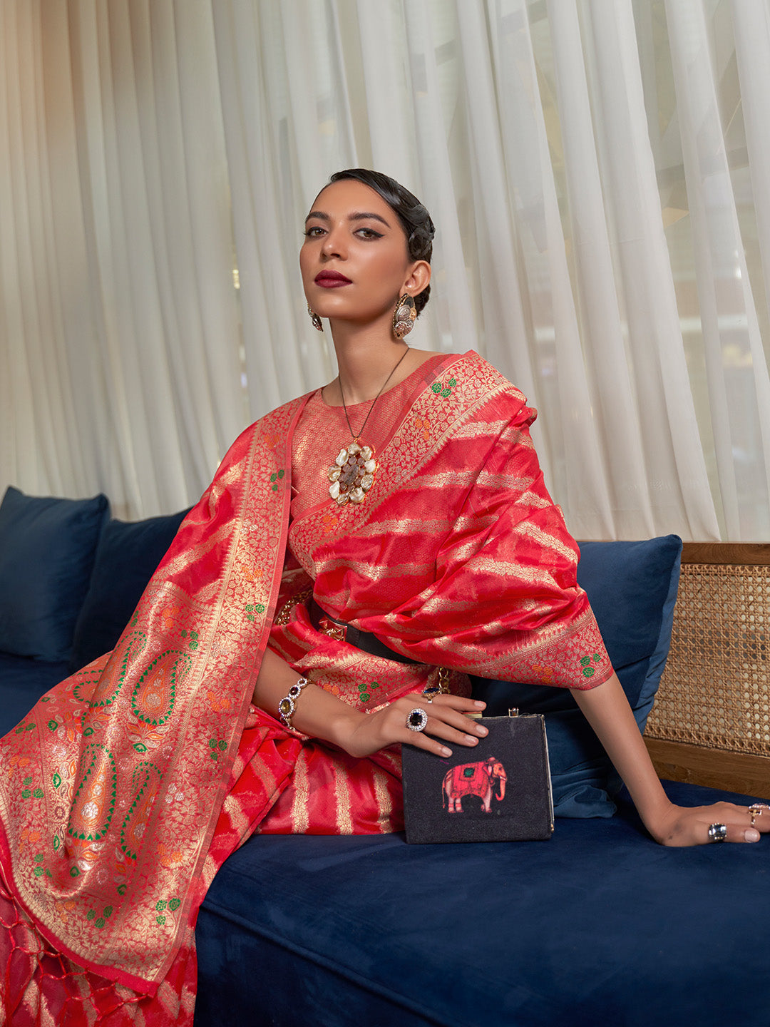 Cherry Red Meenakari Weaving Organza Silk Saree