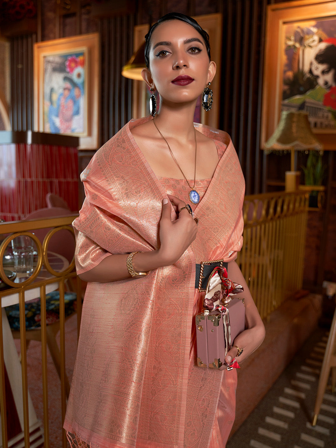 Shy Pink Tessar Silk Handloom Weaving Saree