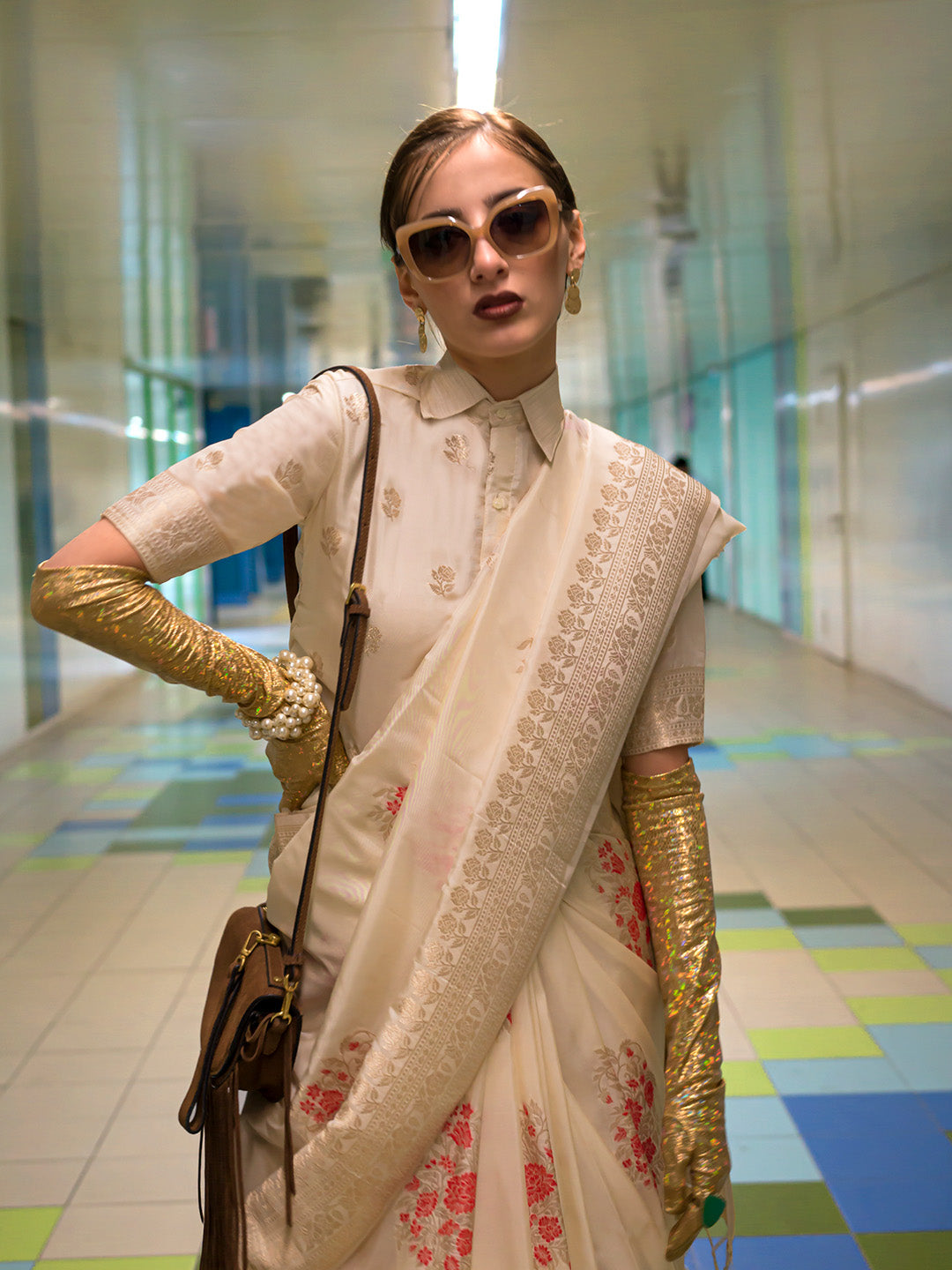 Cream Katan Silk Saree