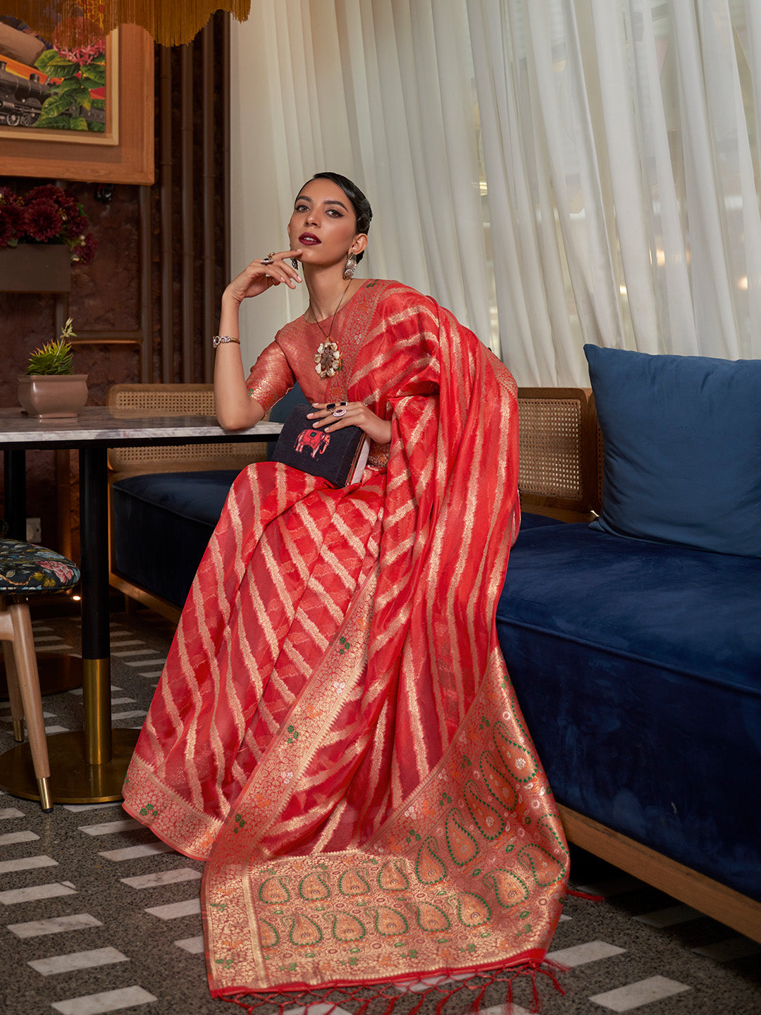 Cherry Red Meenakari Weaving Organza Silk Saree