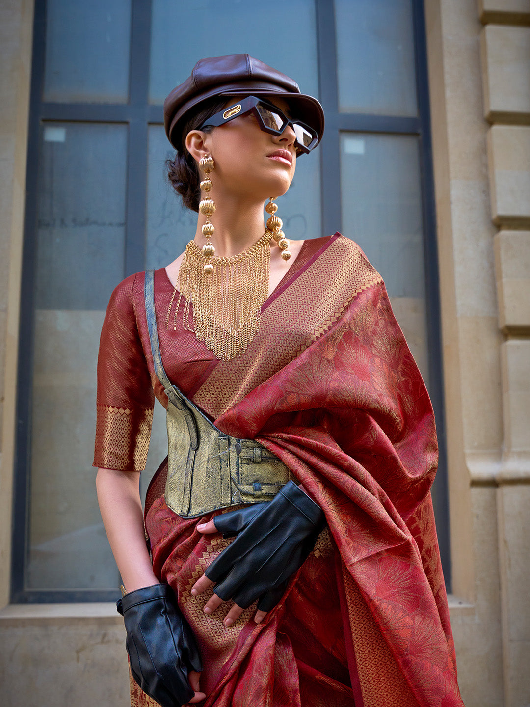 DARK RED PURE HANDLOOM TWO TONE ORGANZA WEAVING