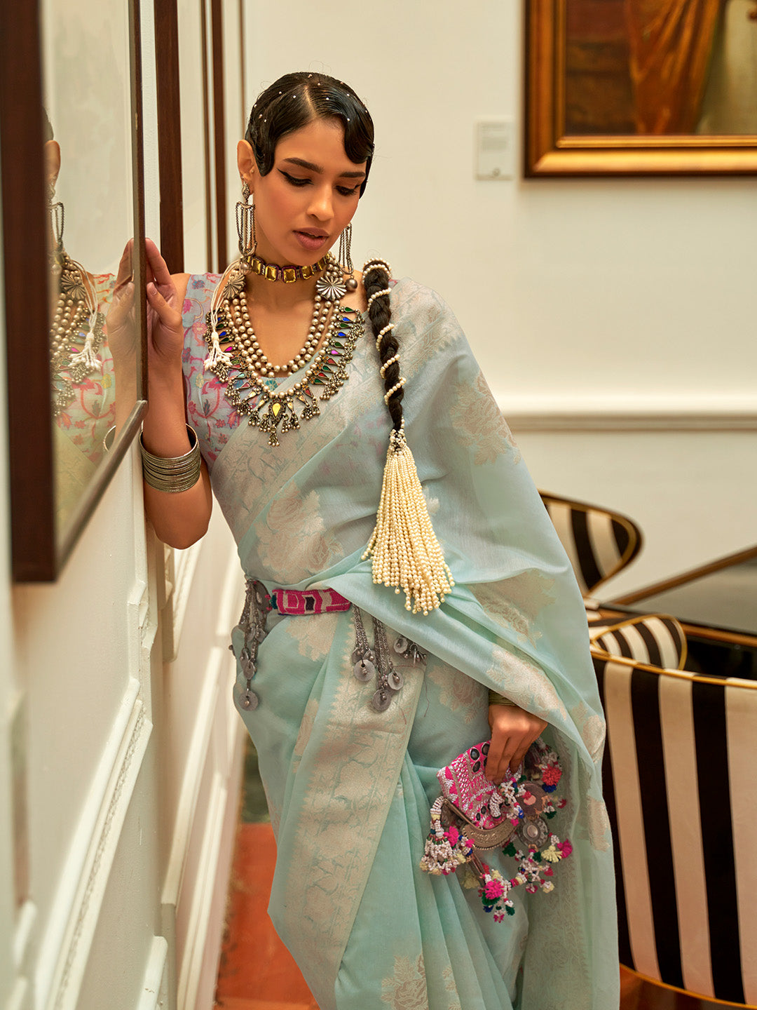 BLUE MODAL KASHMIRI PALLU AND BLOUSE HANDLOOM WEAVING SAREE