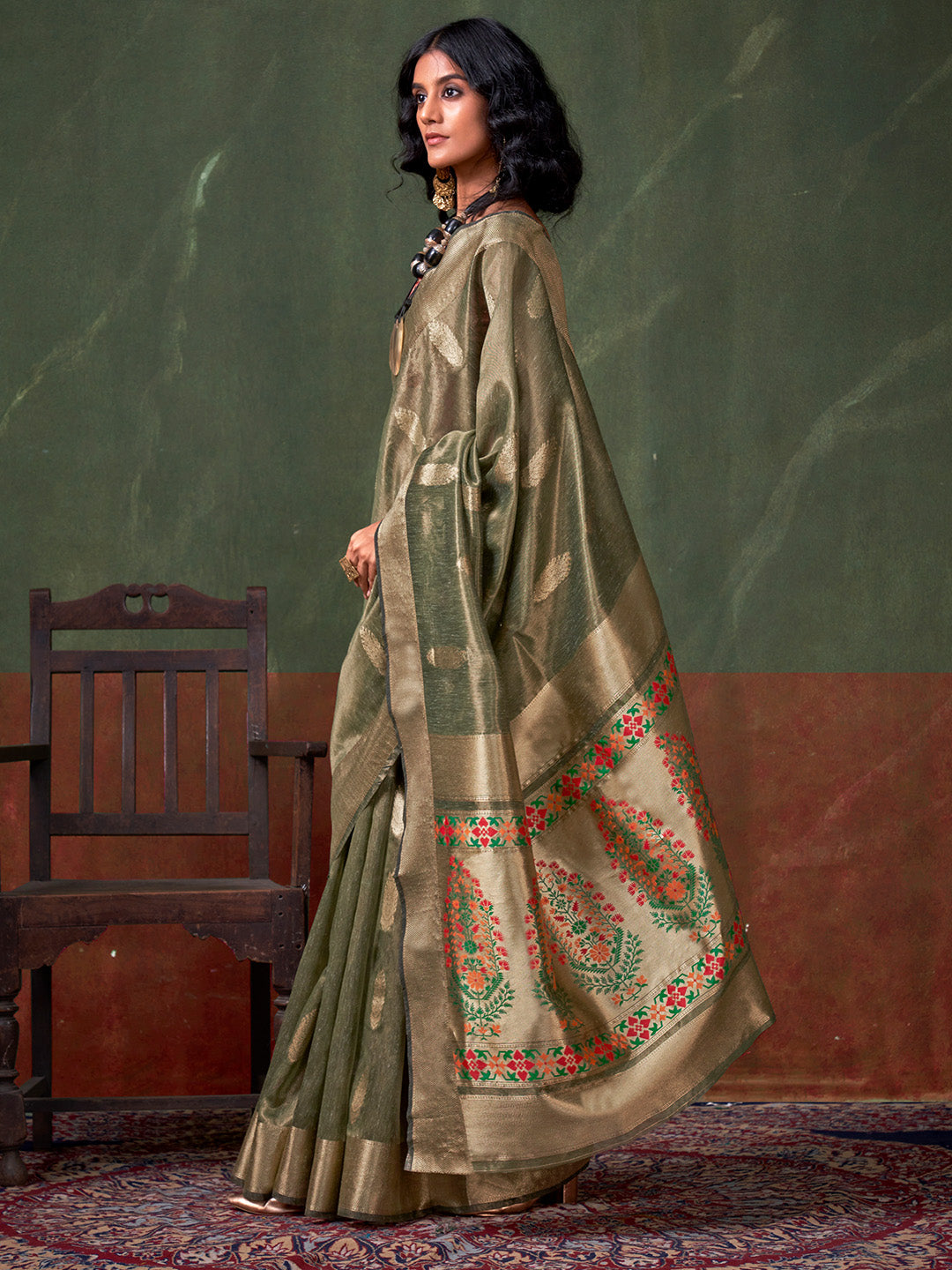 Olive Paithani Zari Tissue Saree