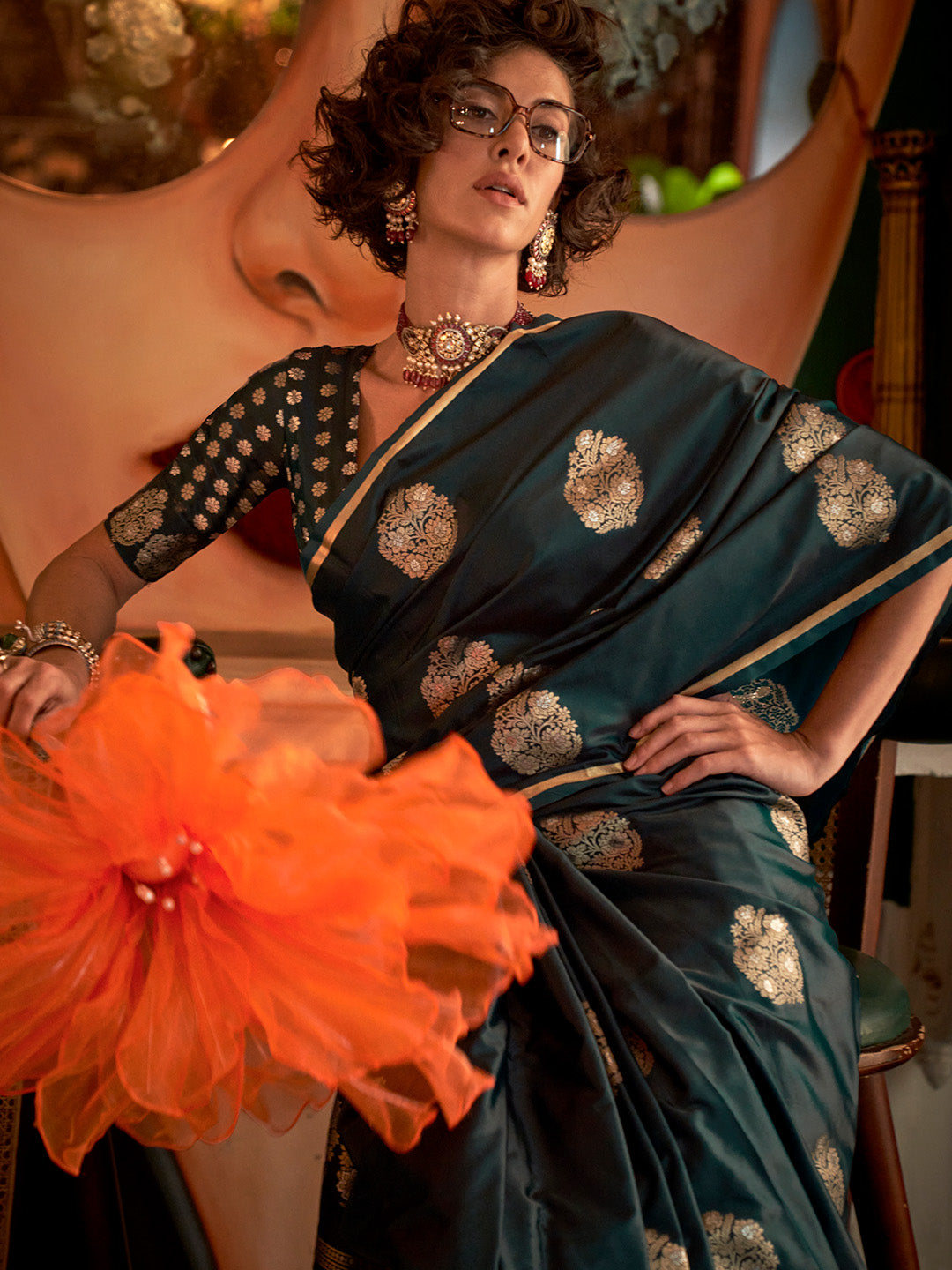 Dark Green Pure Satin Saree