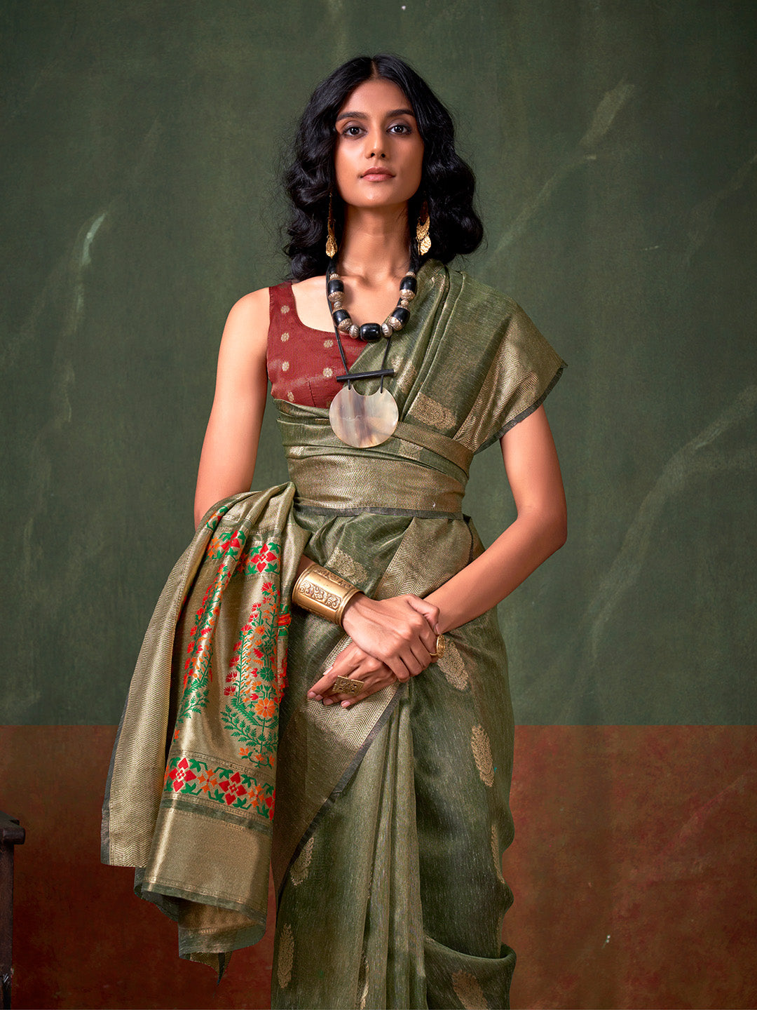 Olive Paithani Zari Tissue Saree