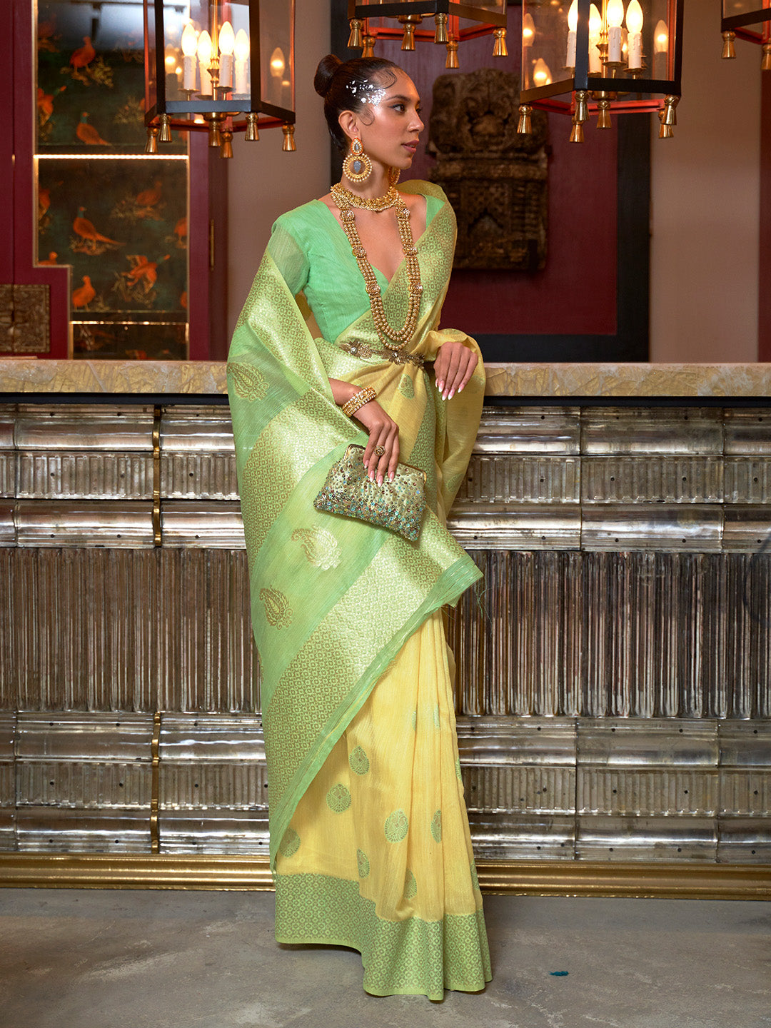 Yellow Green Linen Silk Saree