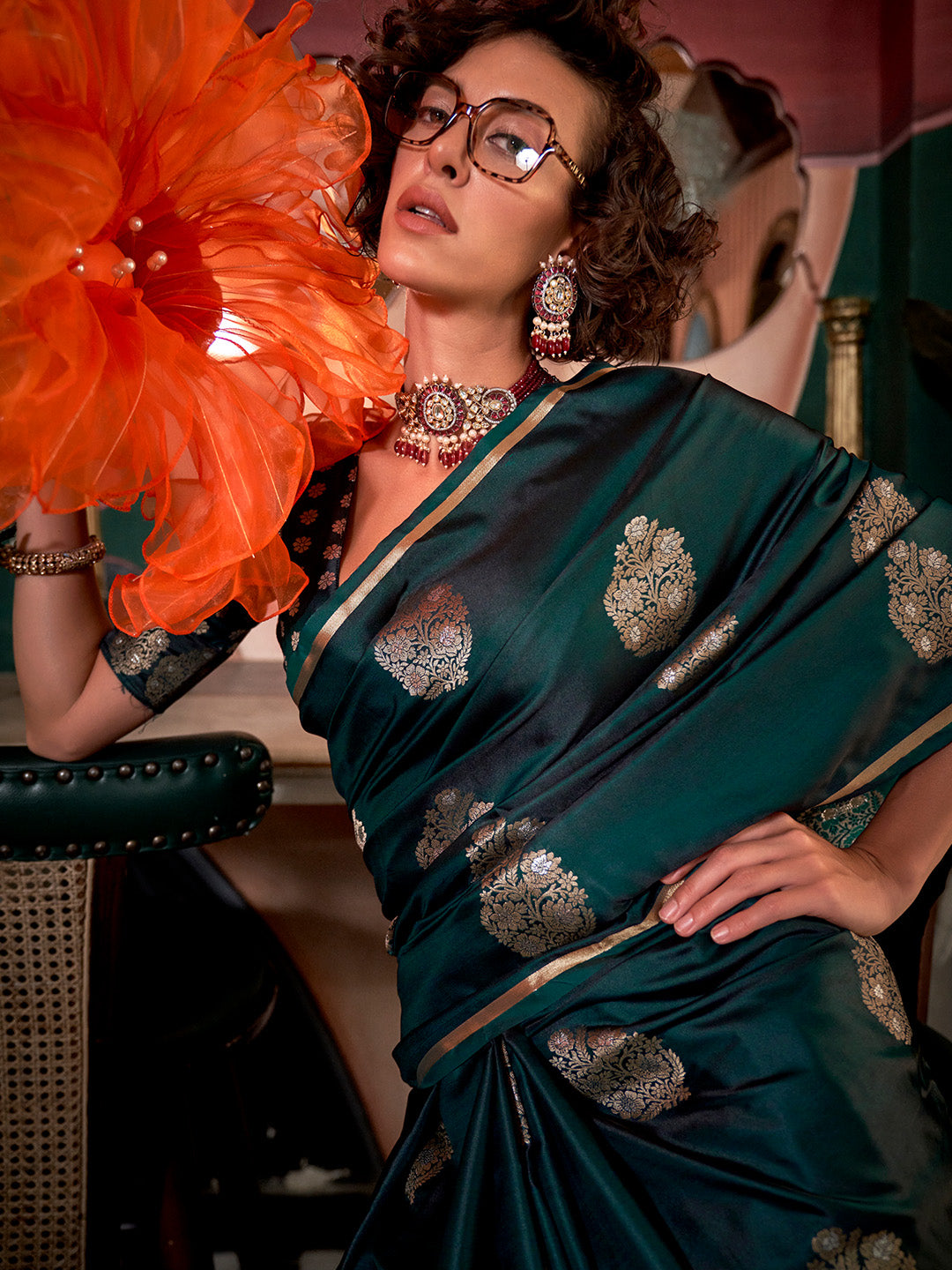 Dark Green Pure Satin Saree