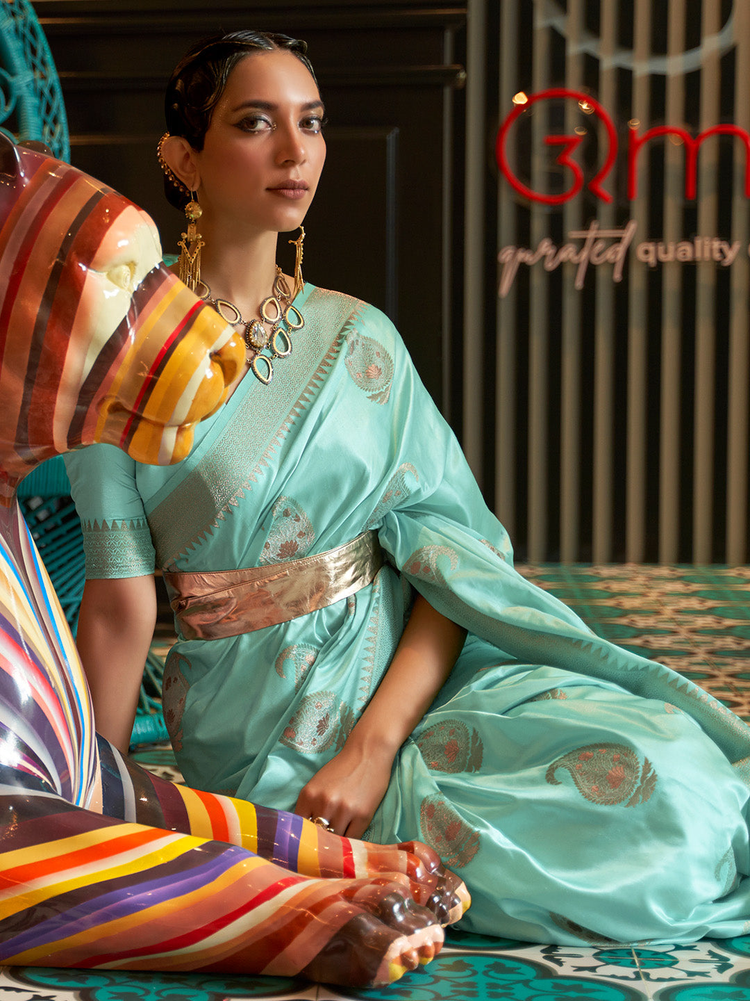 Sky Blue Satin Silk Saree