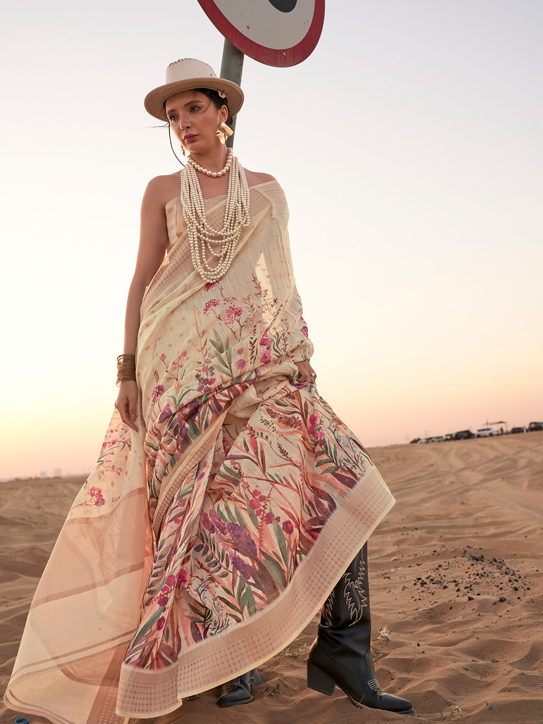 Multicolour Printed Linen Saree