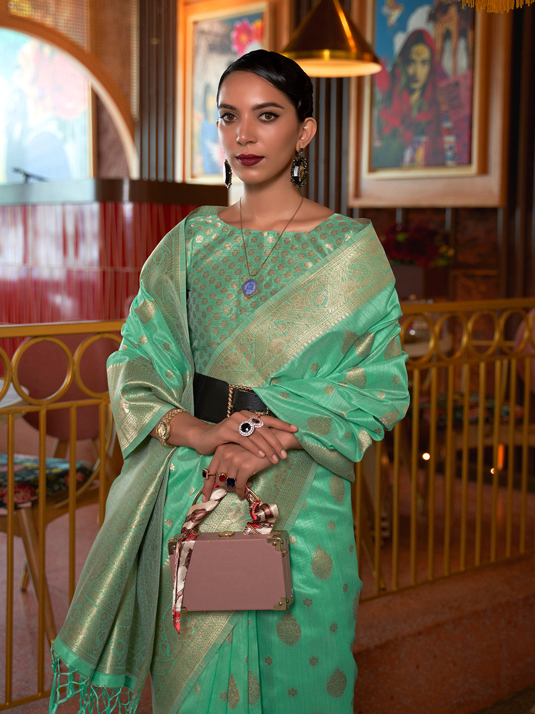 Mint Green Tessar Silk Handloom Weaving Saree