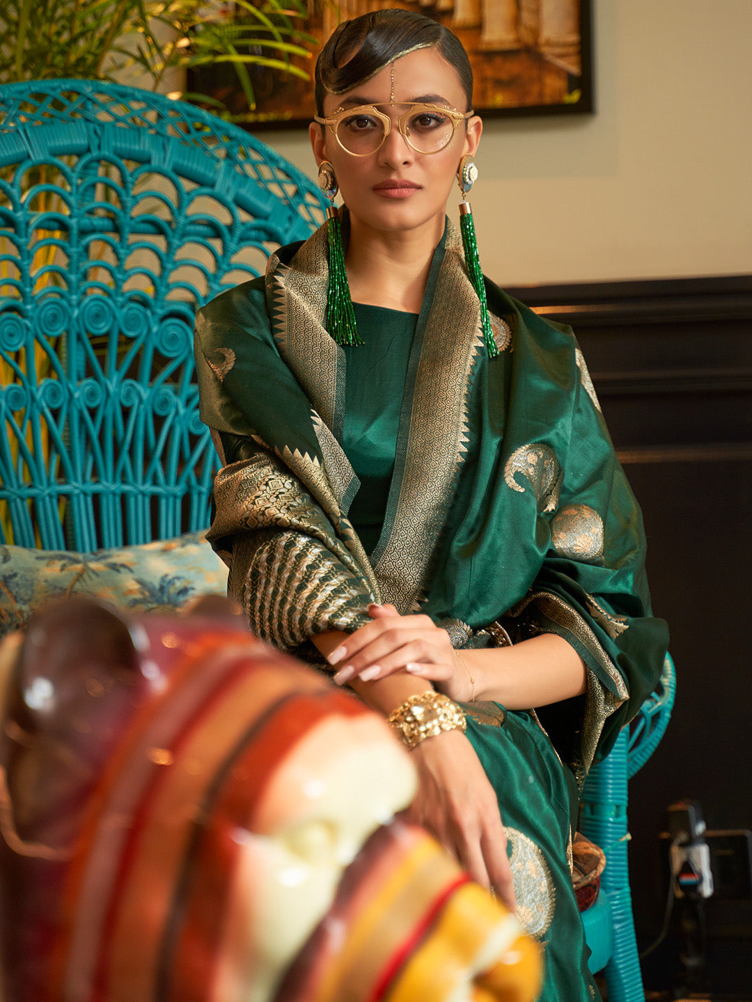 Dark Green Satin Silk Saree