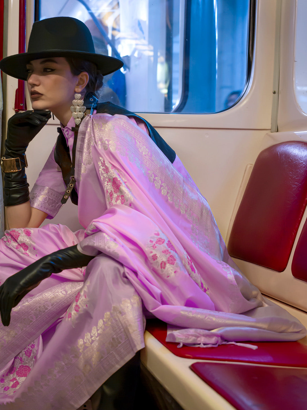 Pink Katan Silk Saree