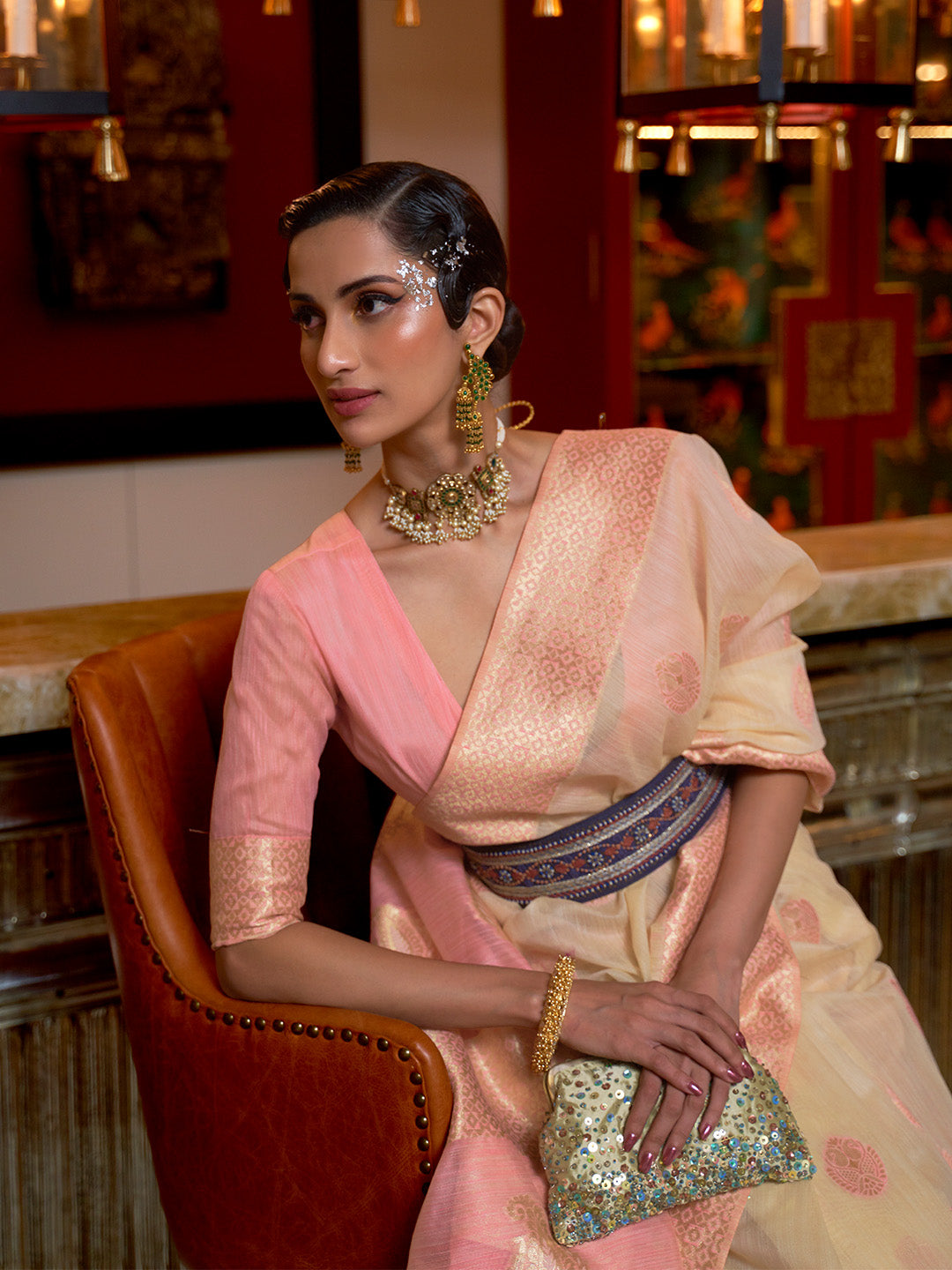 Cream Pink Linen Silk Saree