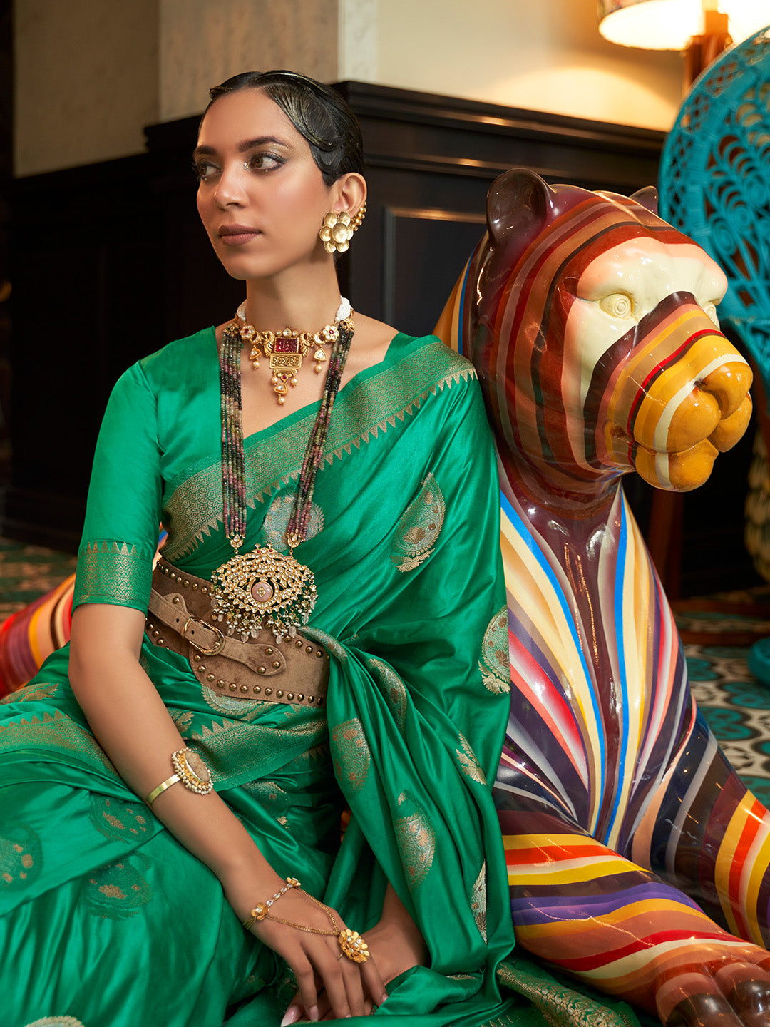 Forest Green Satin Silk Saree