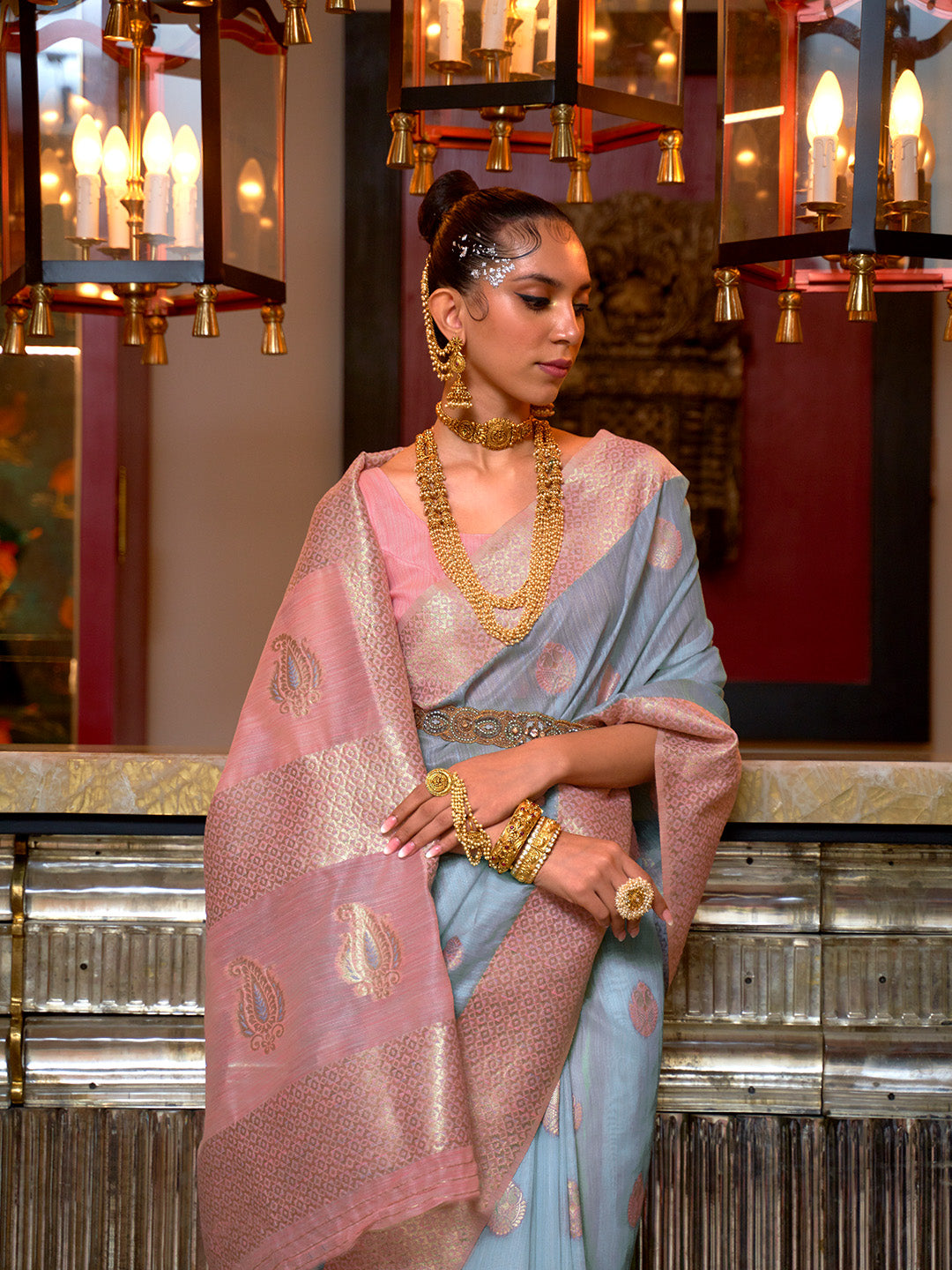 Blue Pink Linen Silk Saree