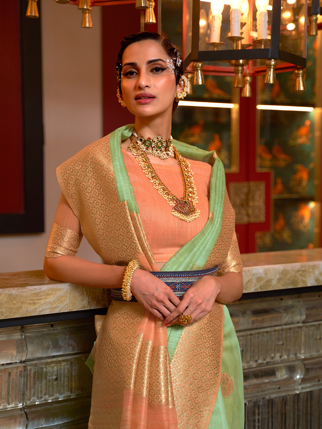 Green Orange Linen Silk Saree