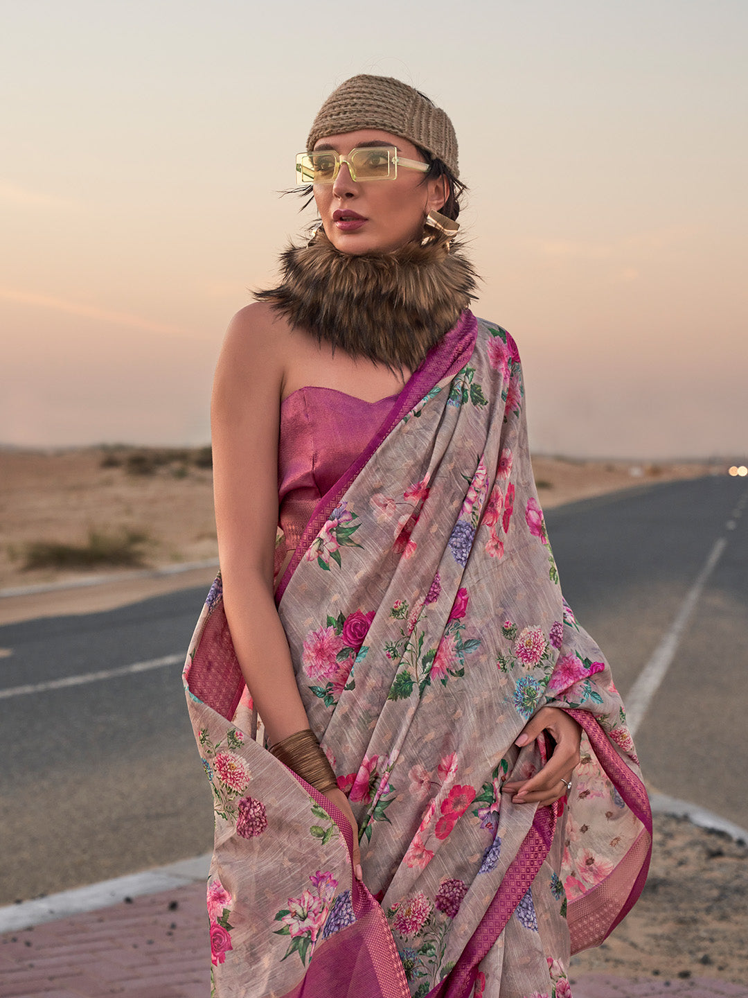 Multicolour Printed Linen Saree