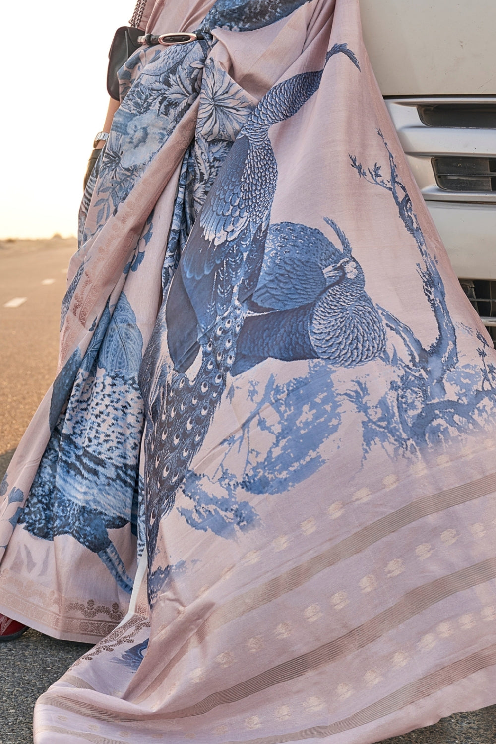 Grey Blue Printed Tussar Saree