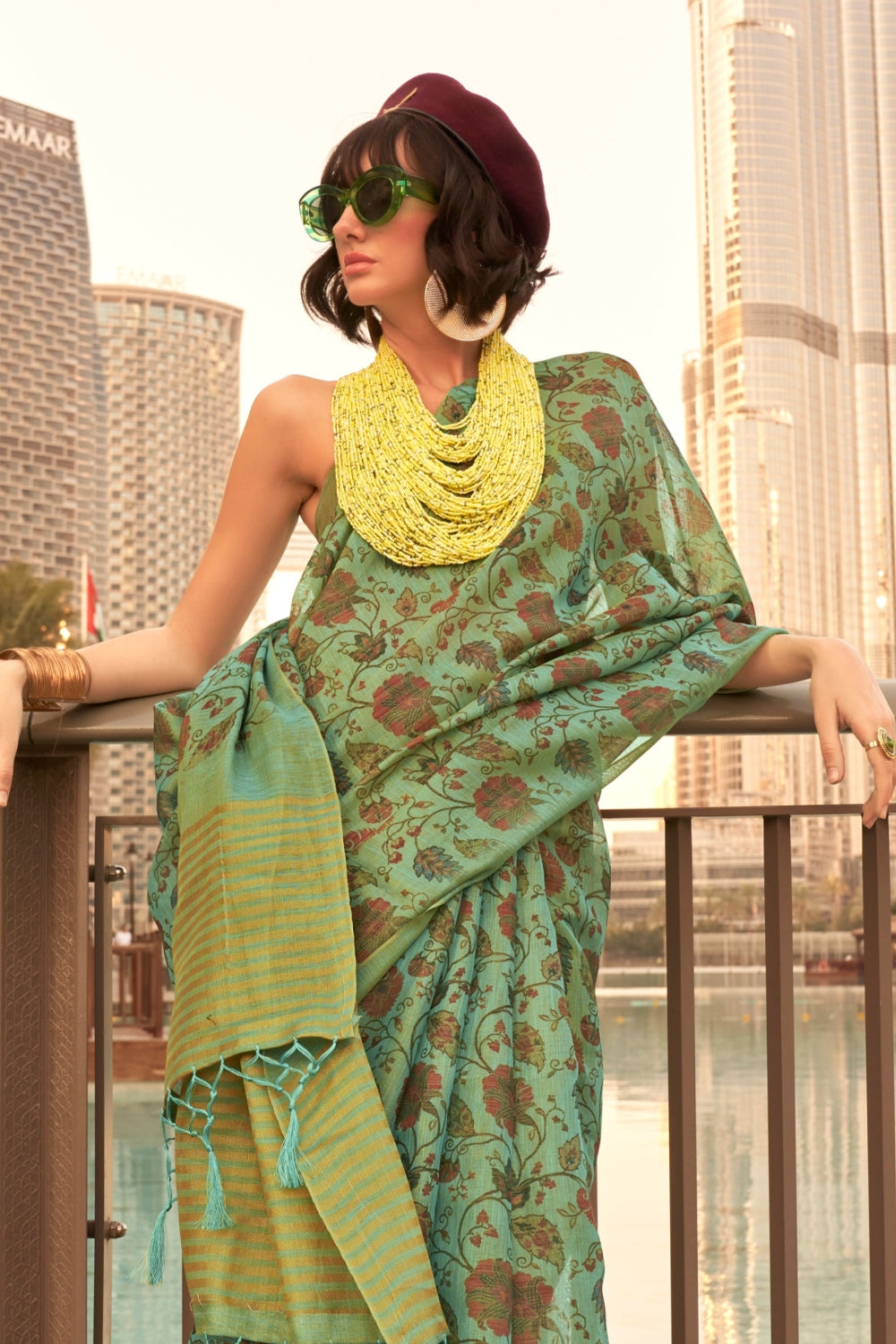 Dark Green Printed Tissue Saree