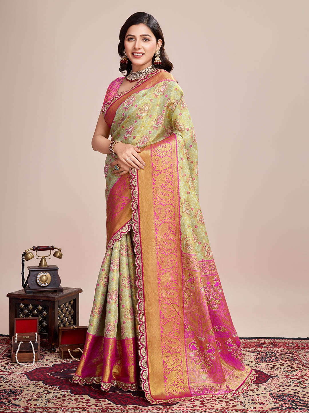 GREEN WITH ORANGE SEMI SILK SAREE