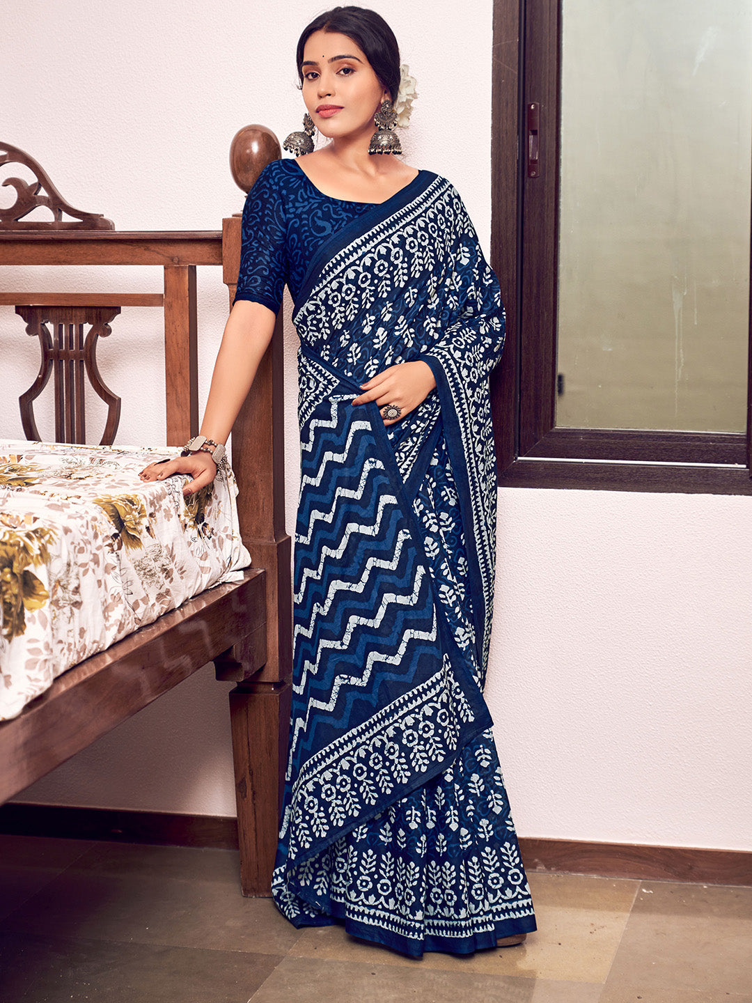 Blue Mulmul Cottons Saree