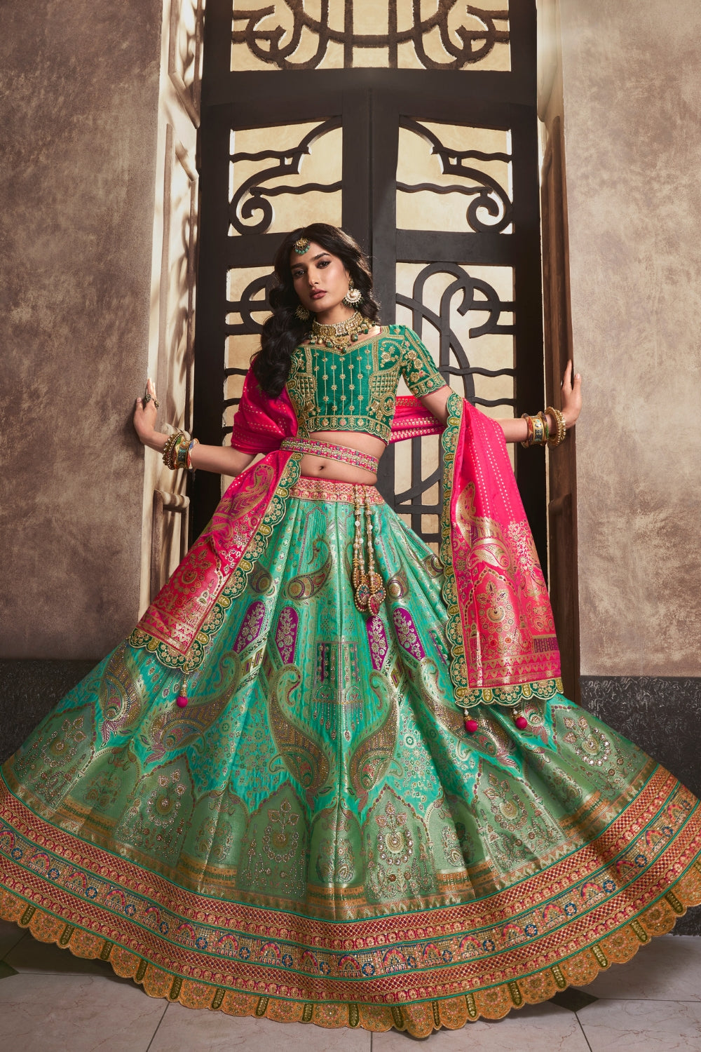 GREEN SILK WITH SEQUENCE ZARKAN WORK LEHENGA