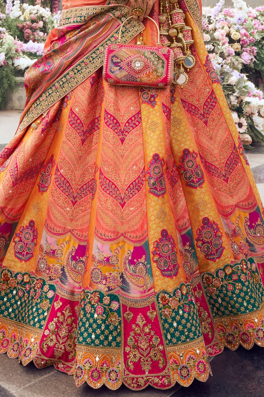 MULTICOLOR BANARASI SILK WITH ZARKAN CODDING WORK LEHENGA