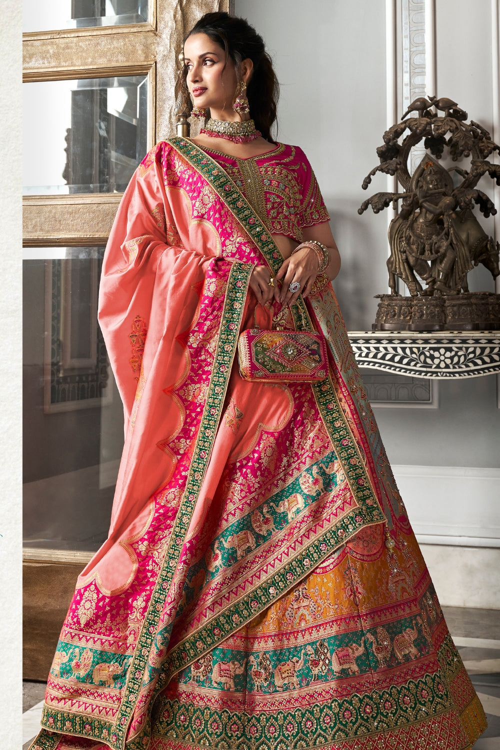 MULTICOLOR BANARASI SILK WITH ZARKAN CODDING WORK LEHENGA