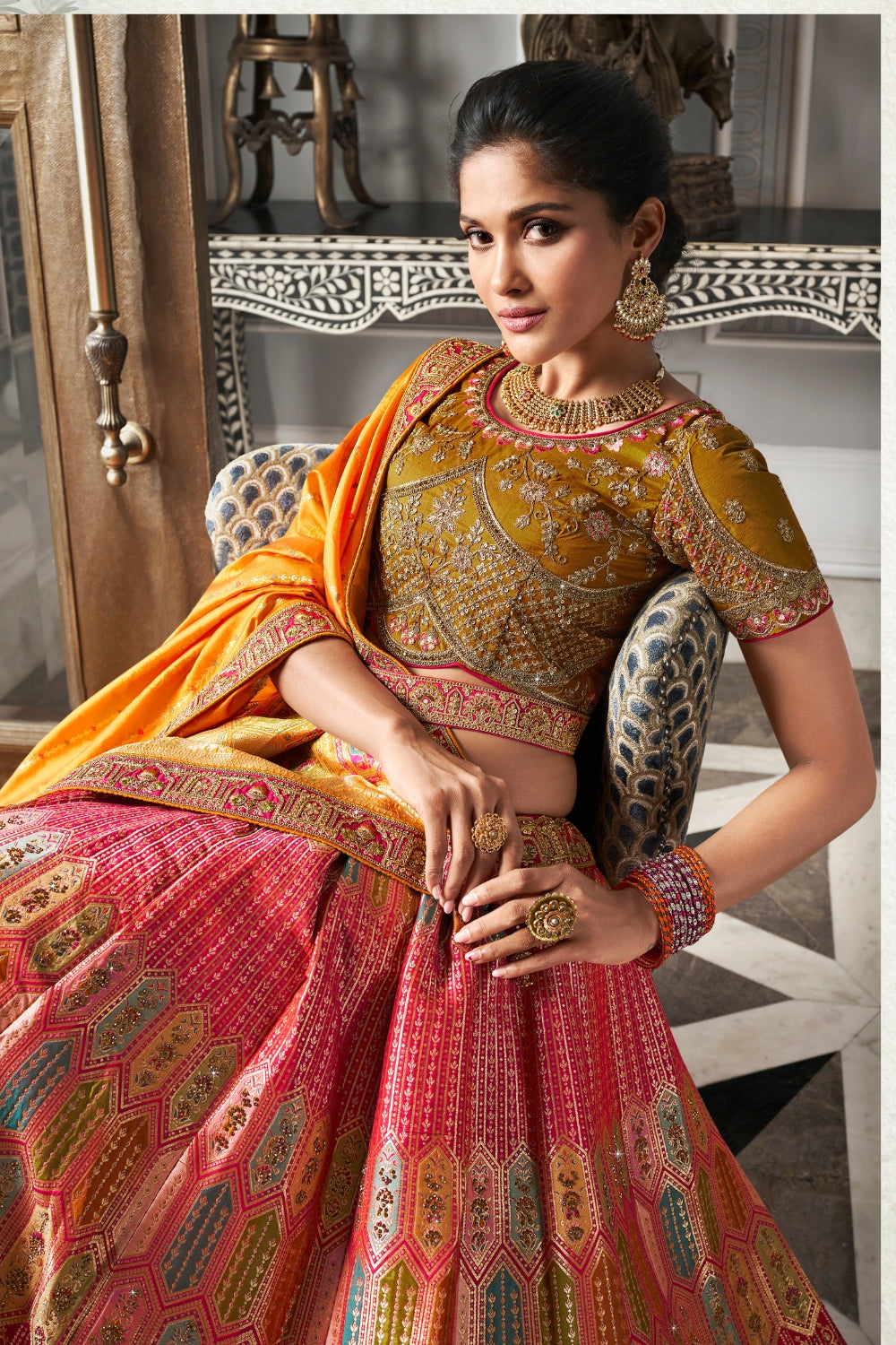 MULTICOLOR BANARASI SILK WITH ZARKAN CODDING WORK LEHENGA