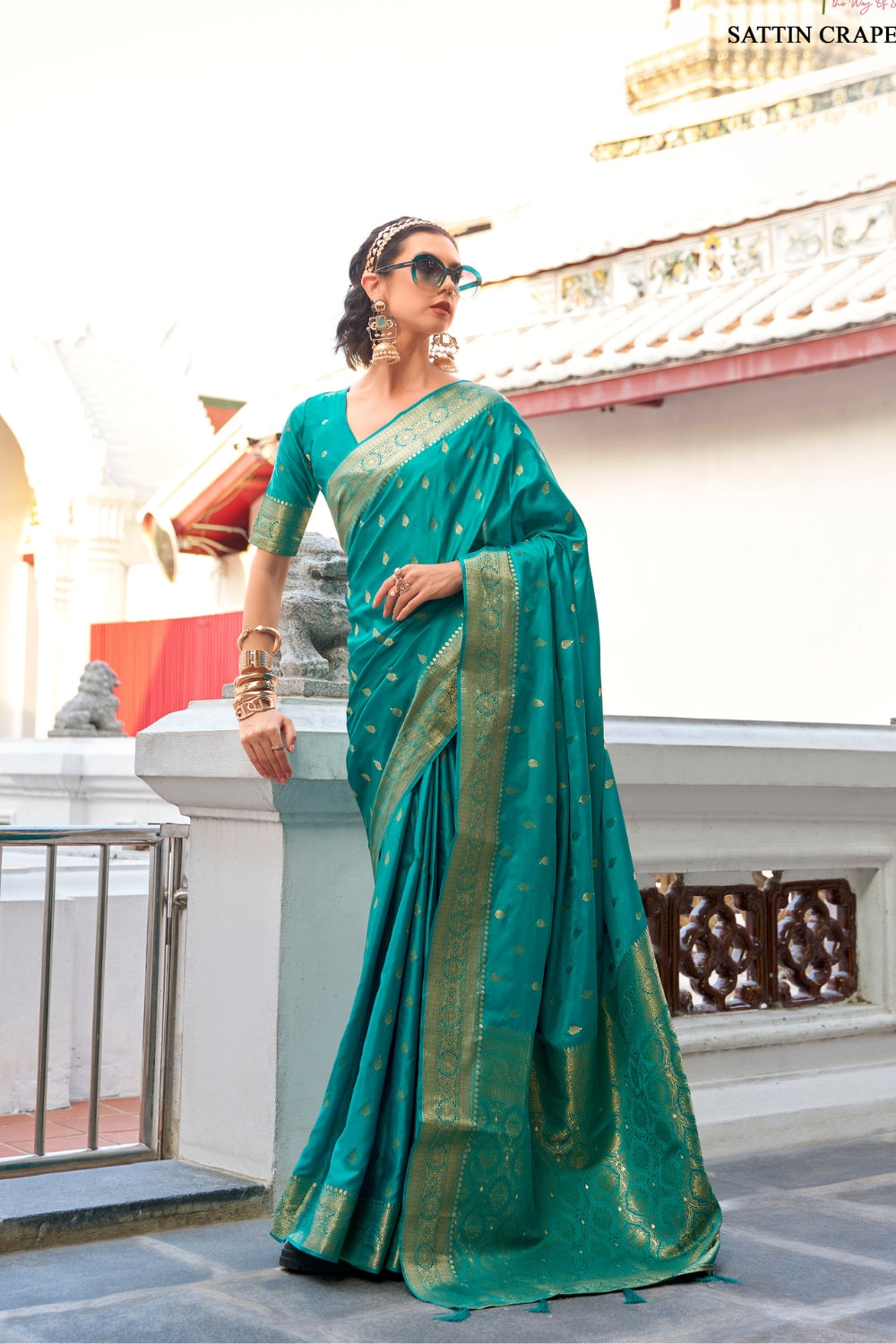Teal Sattin Silk Saree