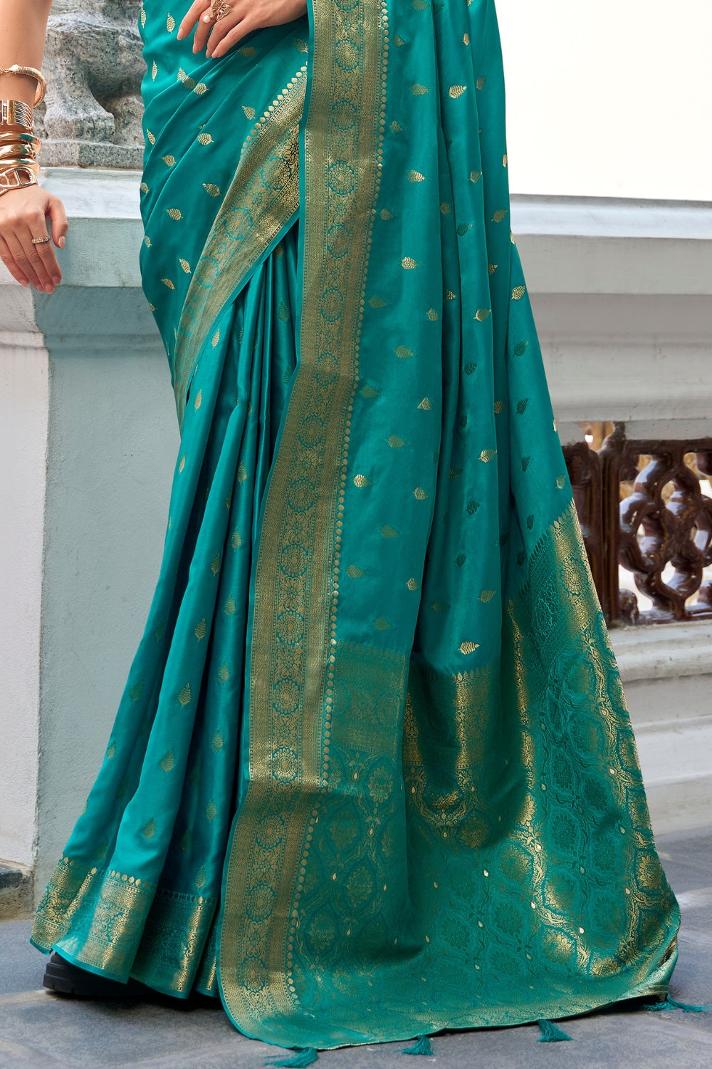 Teal Sattin Silk Saree