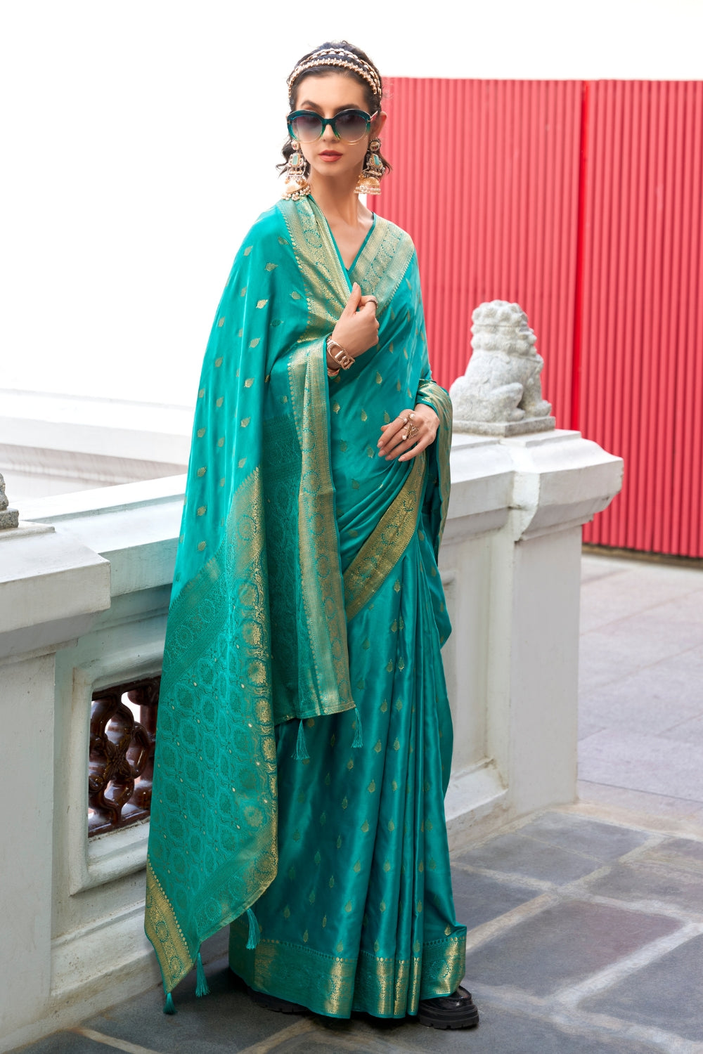 Teal Sattin Silk Saree