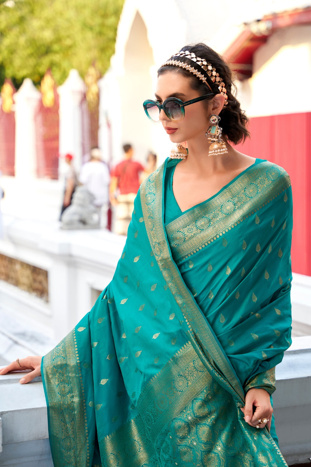 Teal Sattin Silk Saree