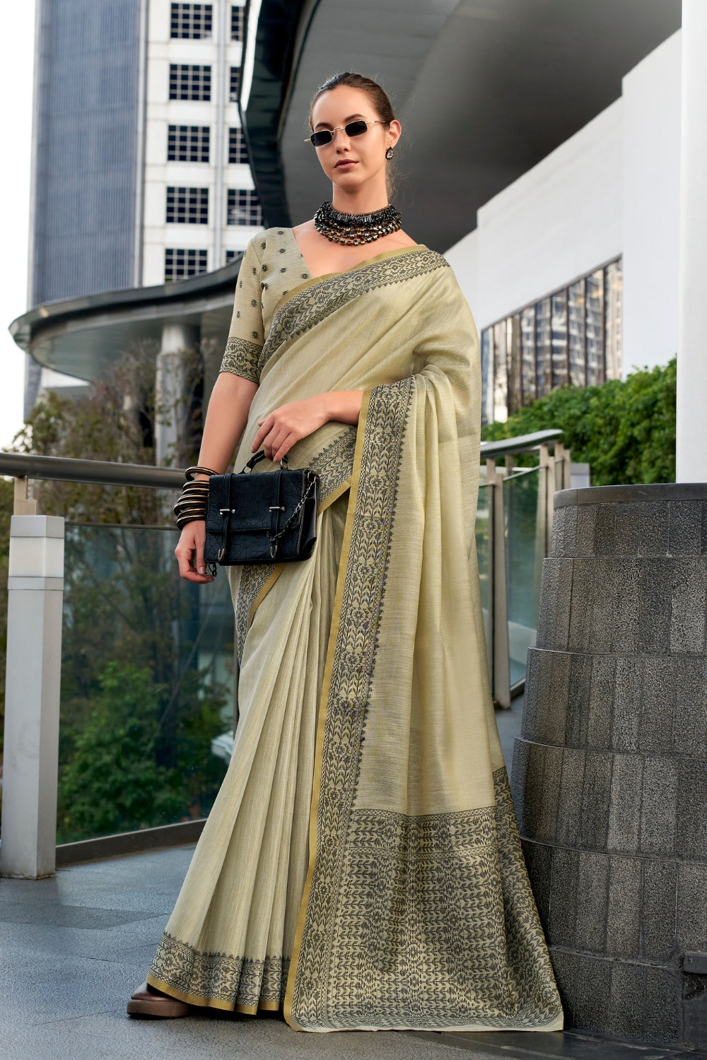 Beige Tissue Linen Saree
