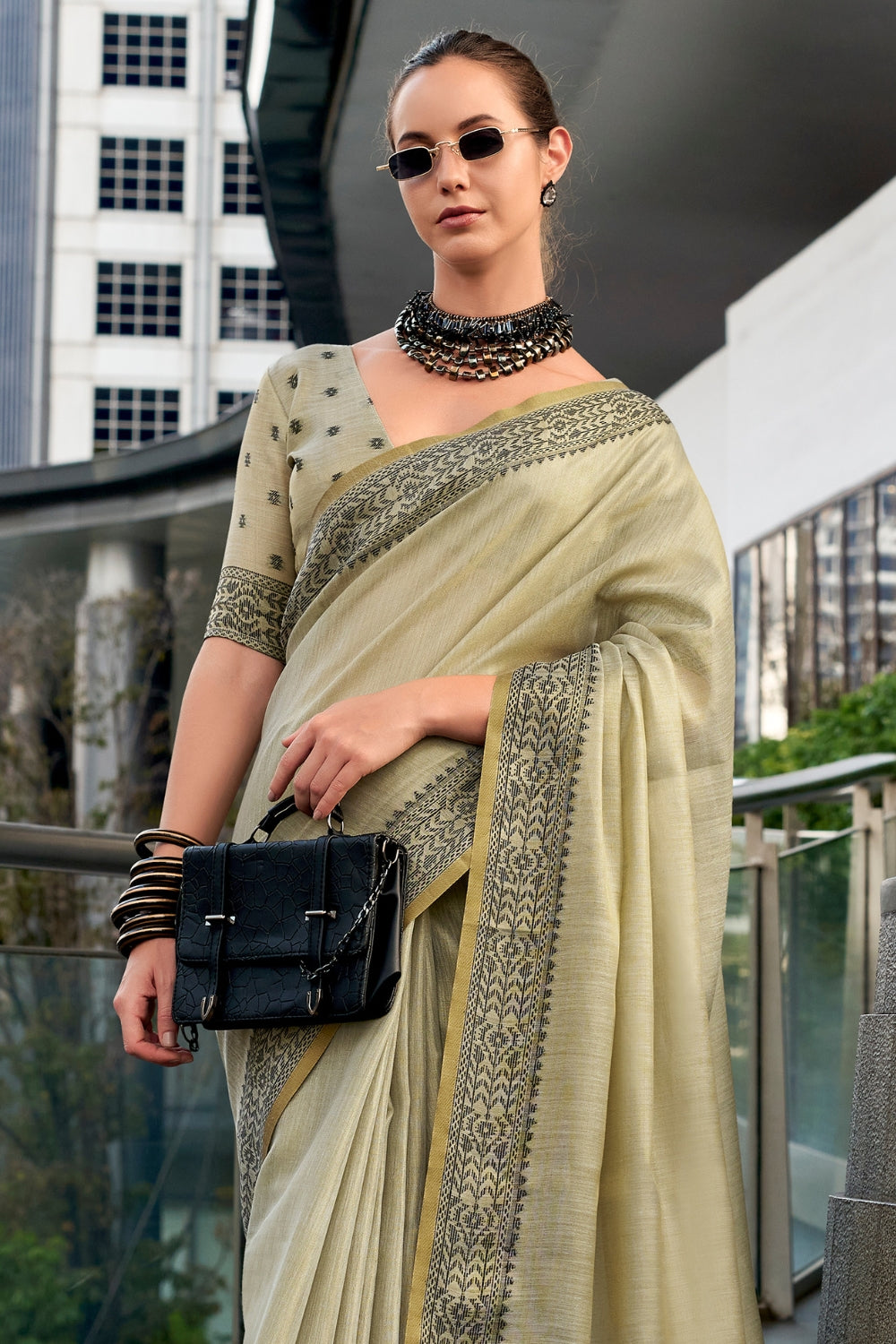 Beige Tissue Linen Saree