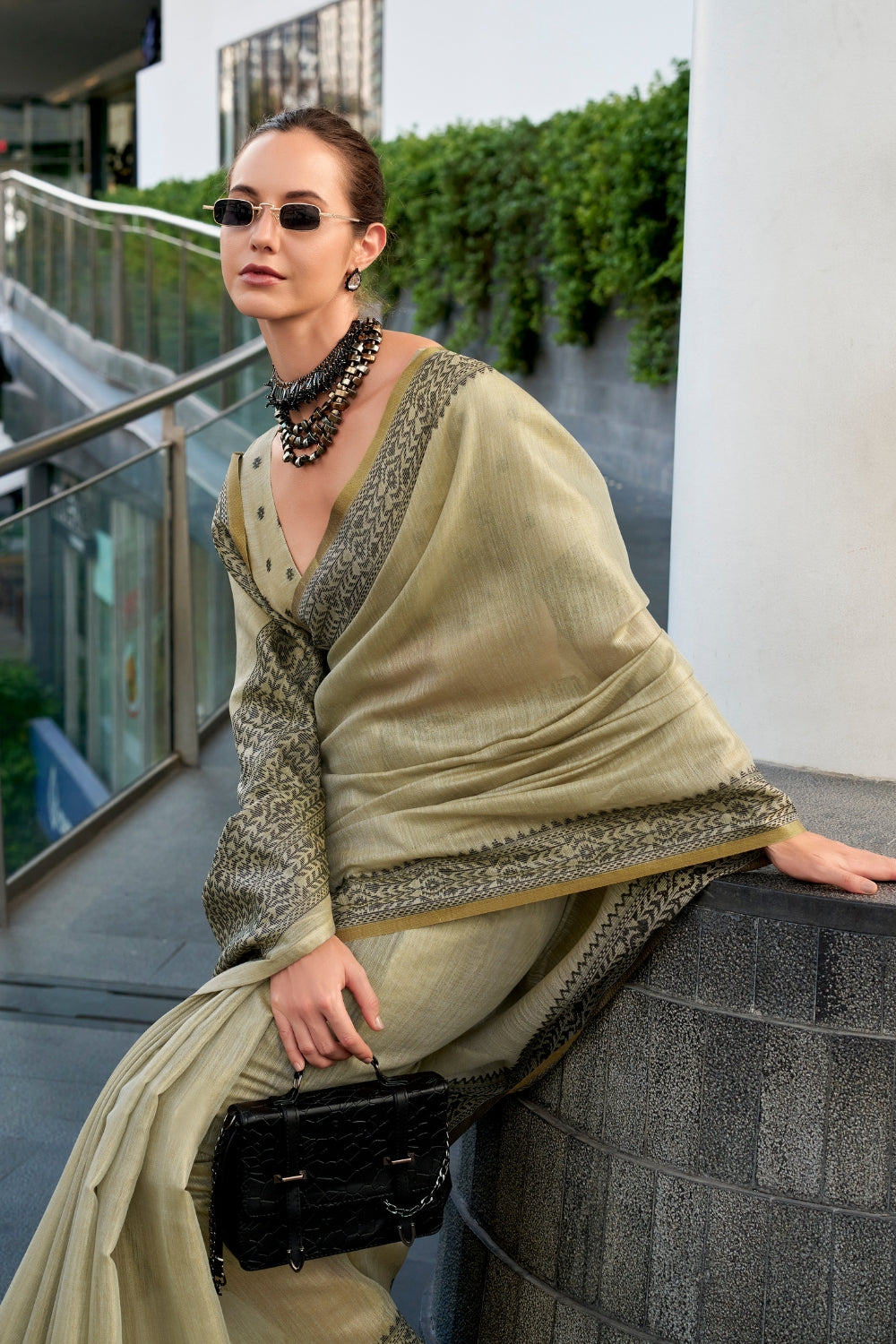 Beige Tissue Linen Saree