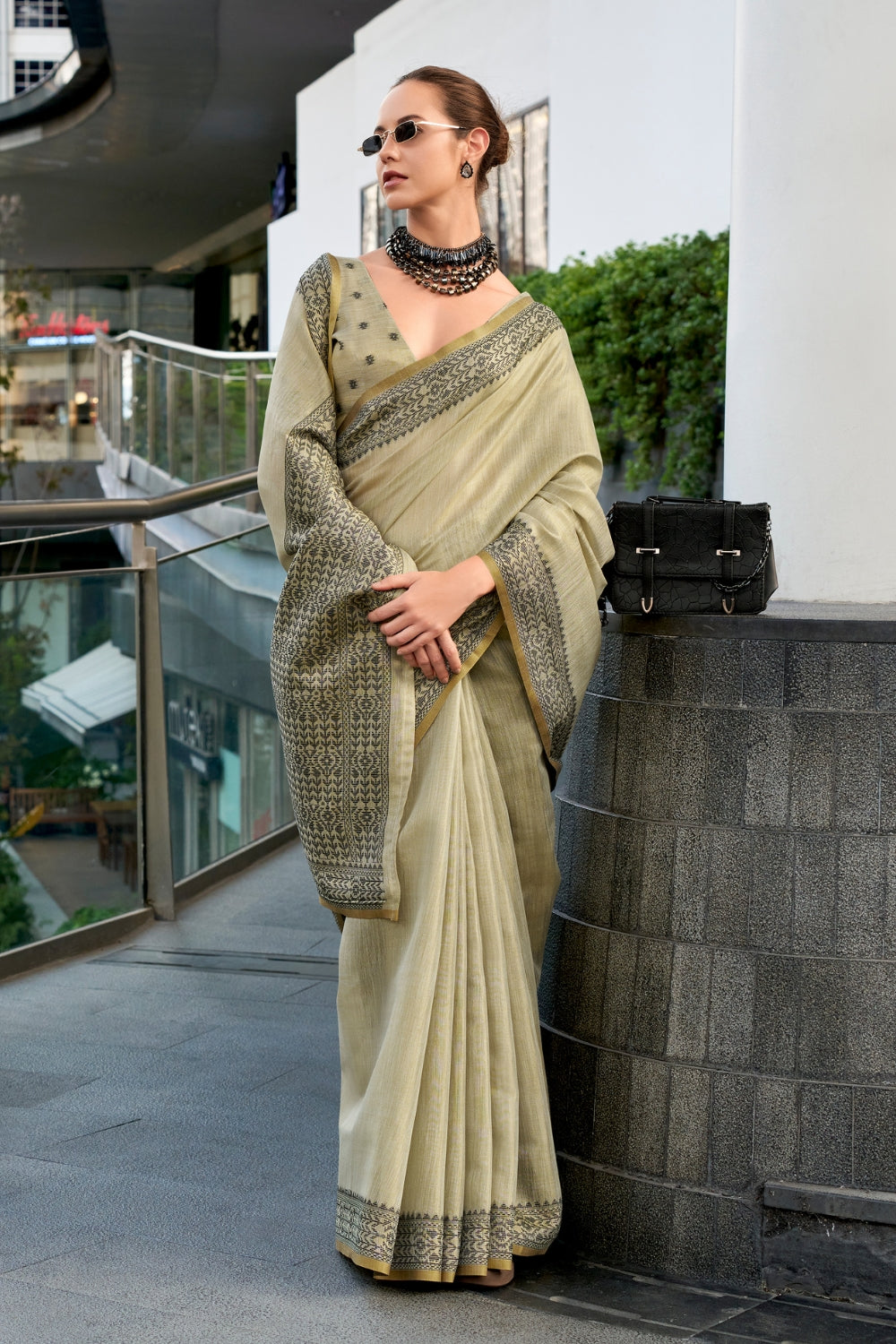 Beige Tissue Linen Saree