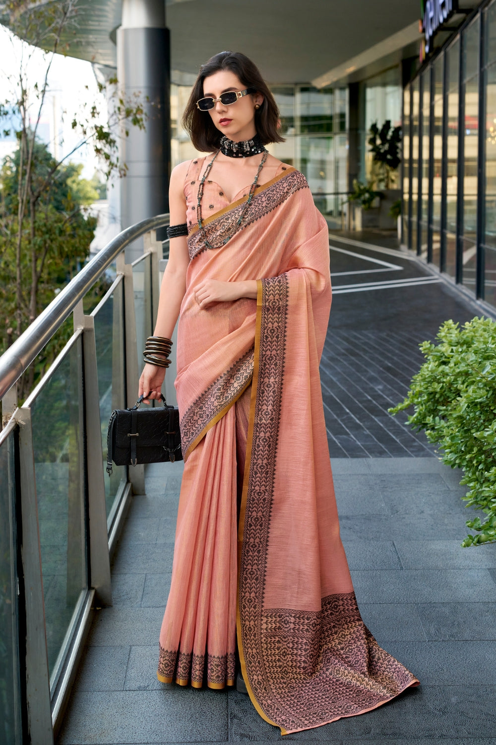 Peach Tissue Linen Saree