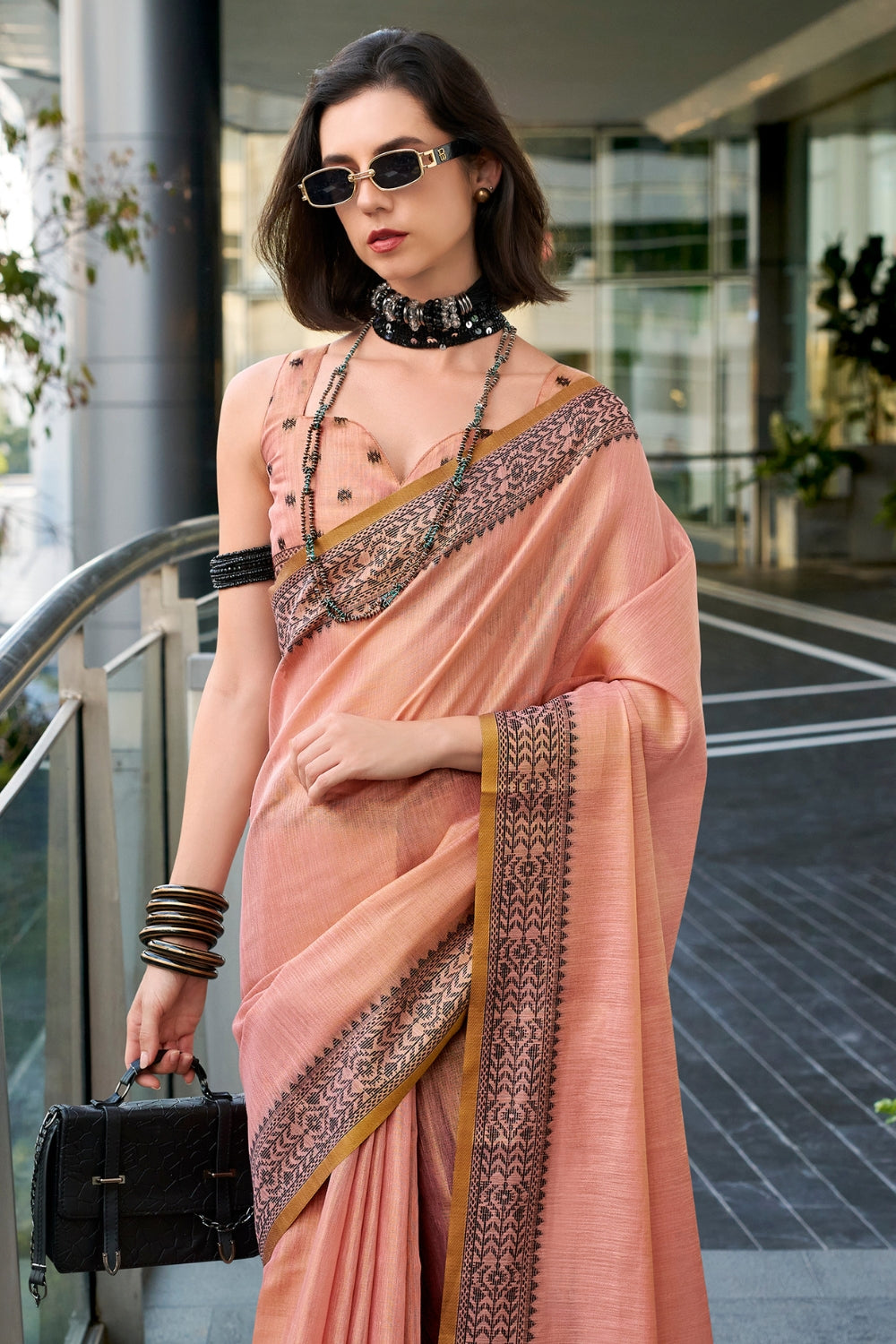 Peach Tissue Linen Saree