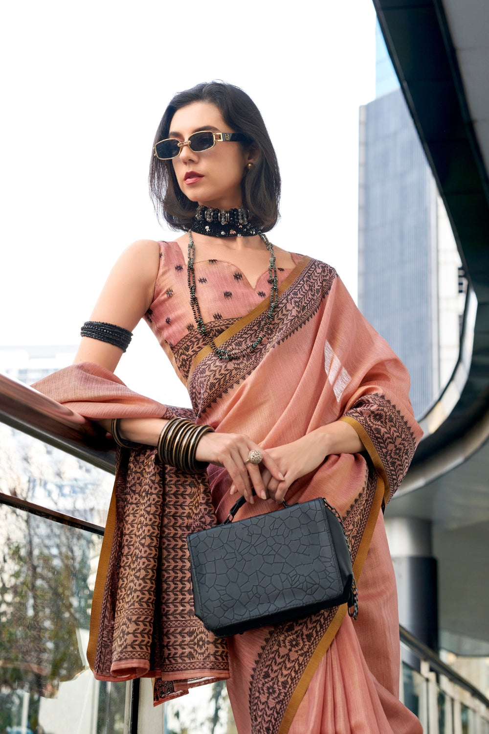 Peach Tissue Linen Saree