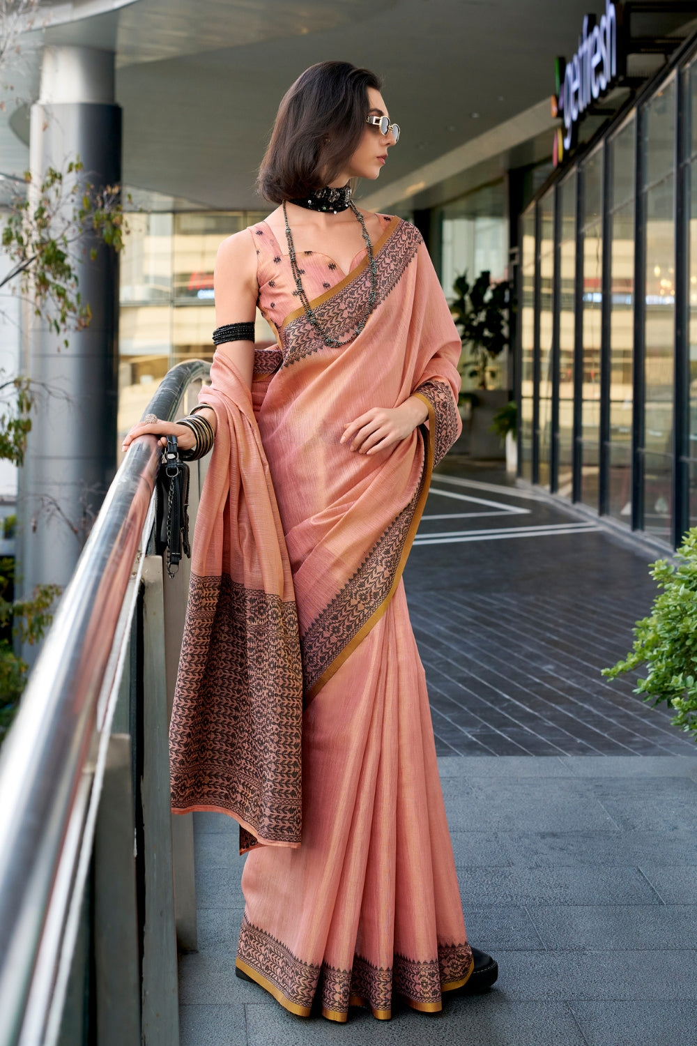 Peach Tissue Linen Saree
