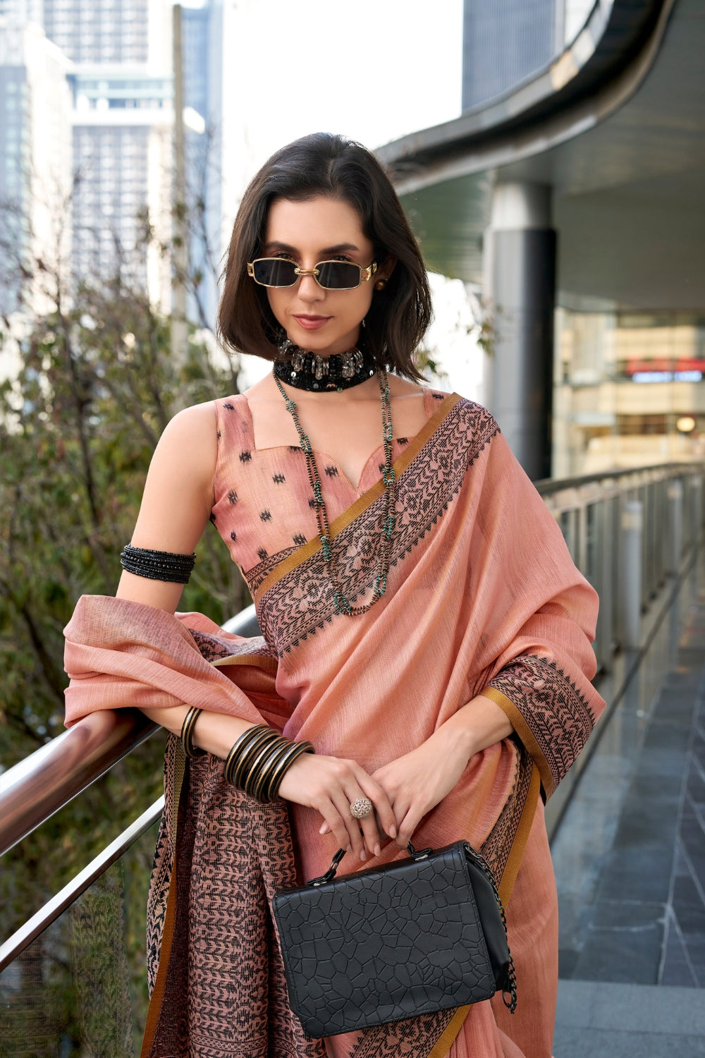 Peach Tissue Linen Saree