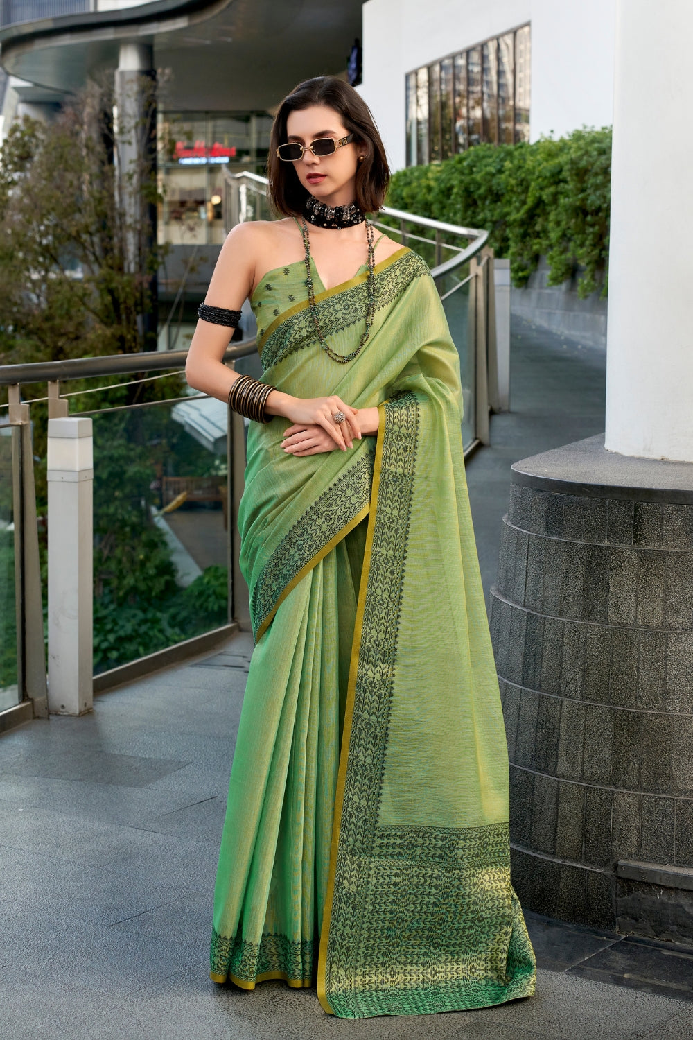 Green Tissue Linen Saree