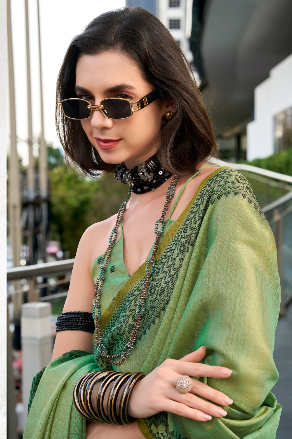 Green Tissue Linen Saree