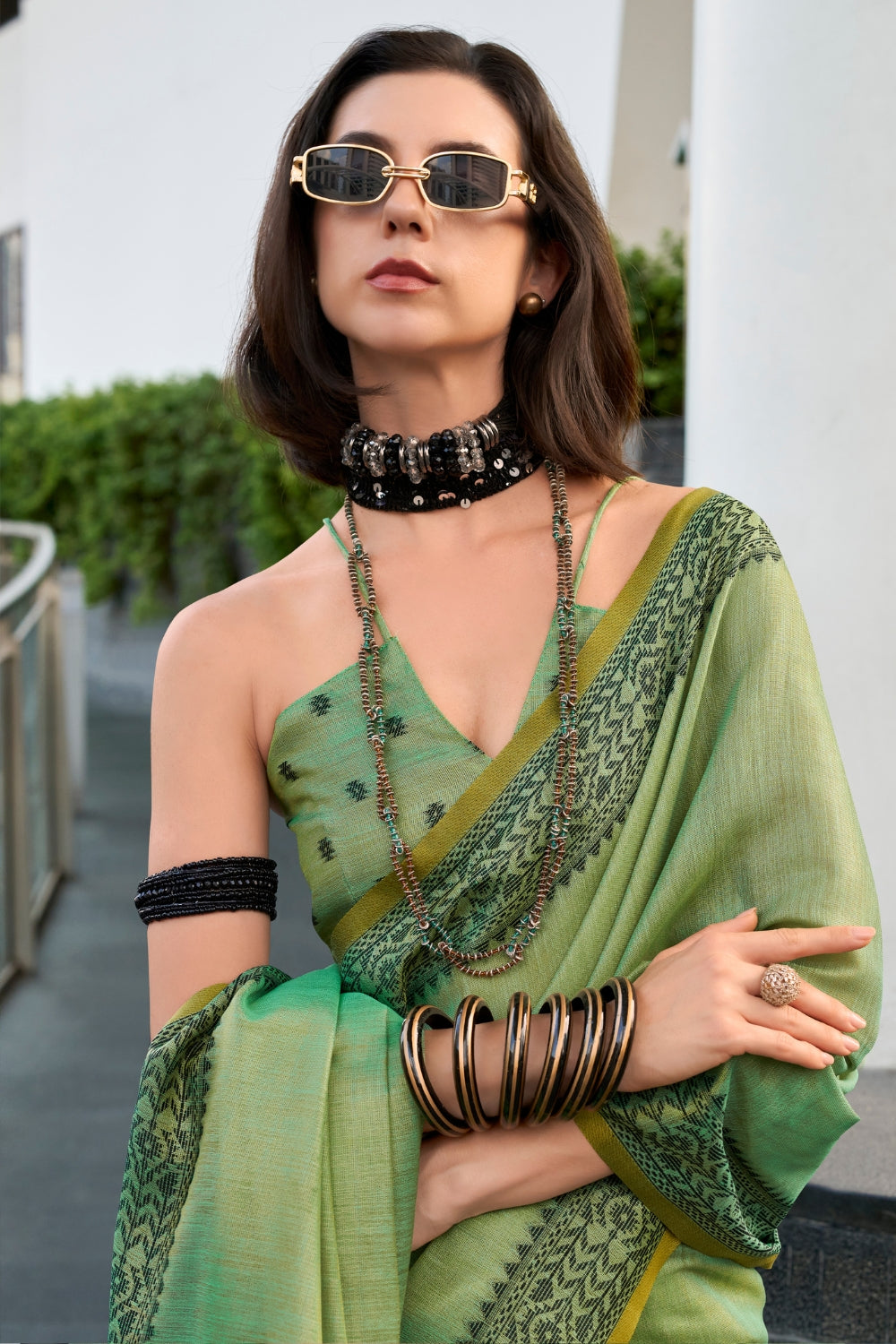 Green Tissue Linen Saree