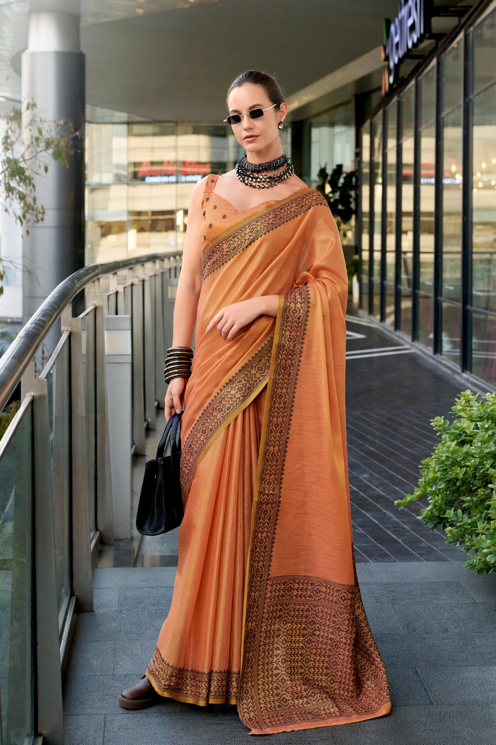Orange Tissue Linen Saree