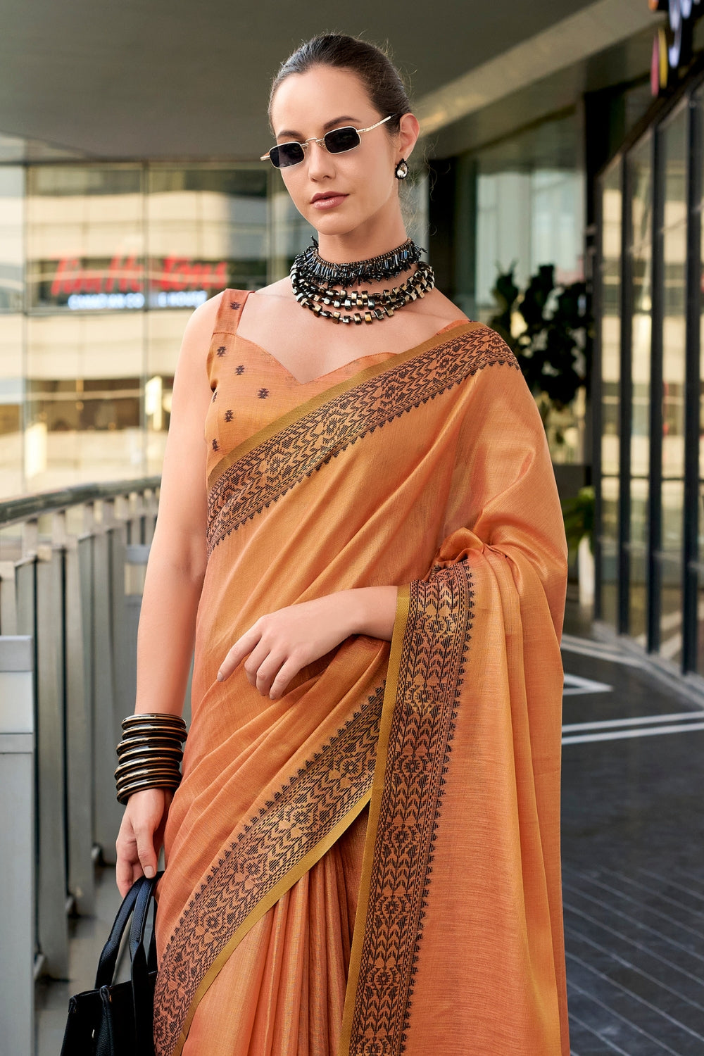 Orange Tissue Linen Saree