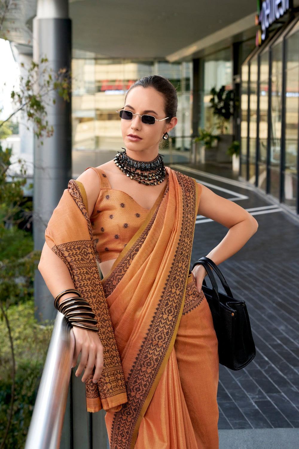 Orange Tissue Linen Saree